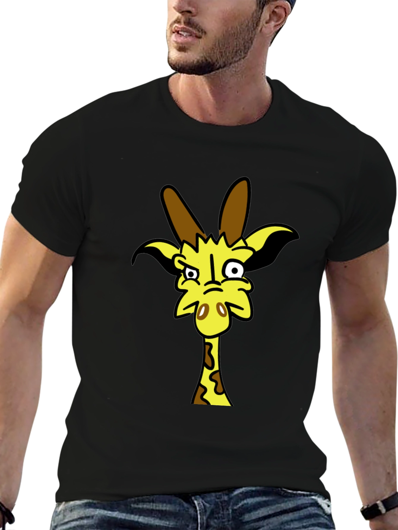 Black Funny Cartoon Giraffe Black T-Shirt view 6