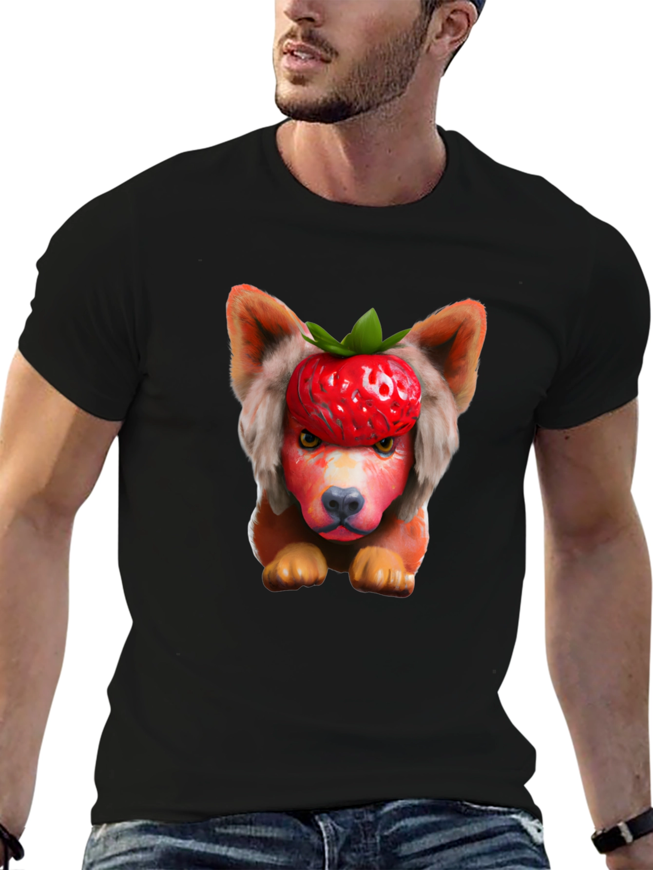Black Strawberry Dog Head Graphic Tee - Unique & Fun! view 6