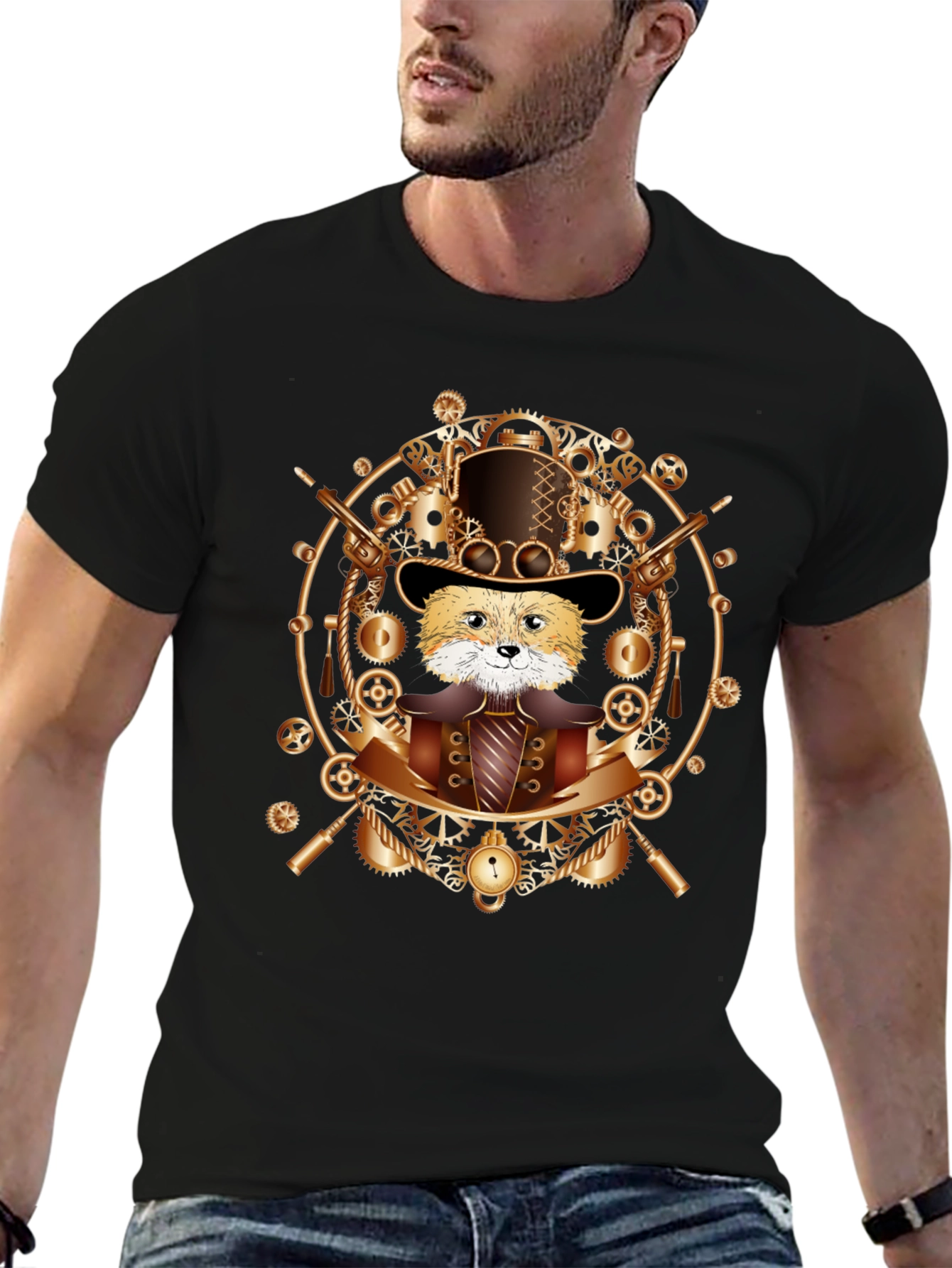 Black Steampunk Fox T-Shirt - Unique Graphic Tee view 6
