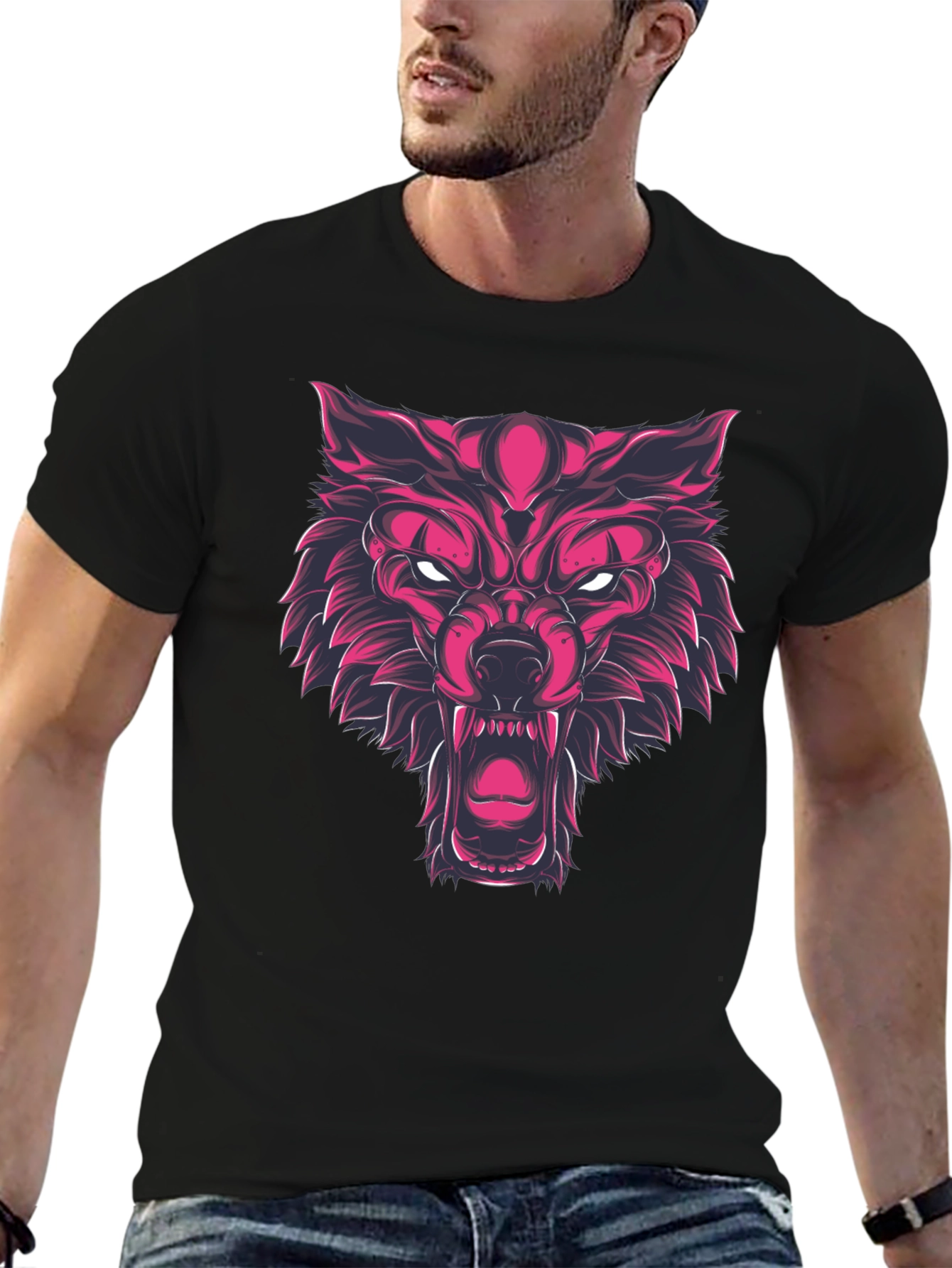 Black Fierce Wolf Graphic Print Black T-Shirt view 6