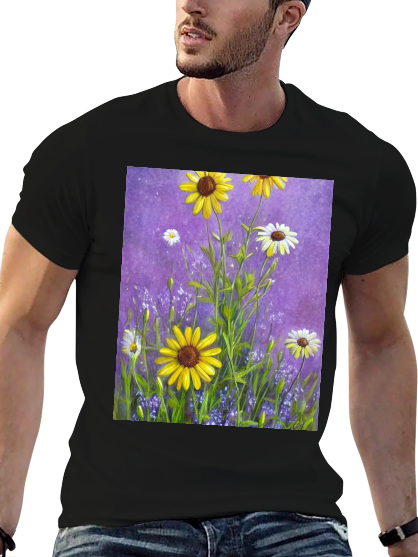 Black Floral Garden T-Shirt: Vibrant Sunflower Meadow Design view 6