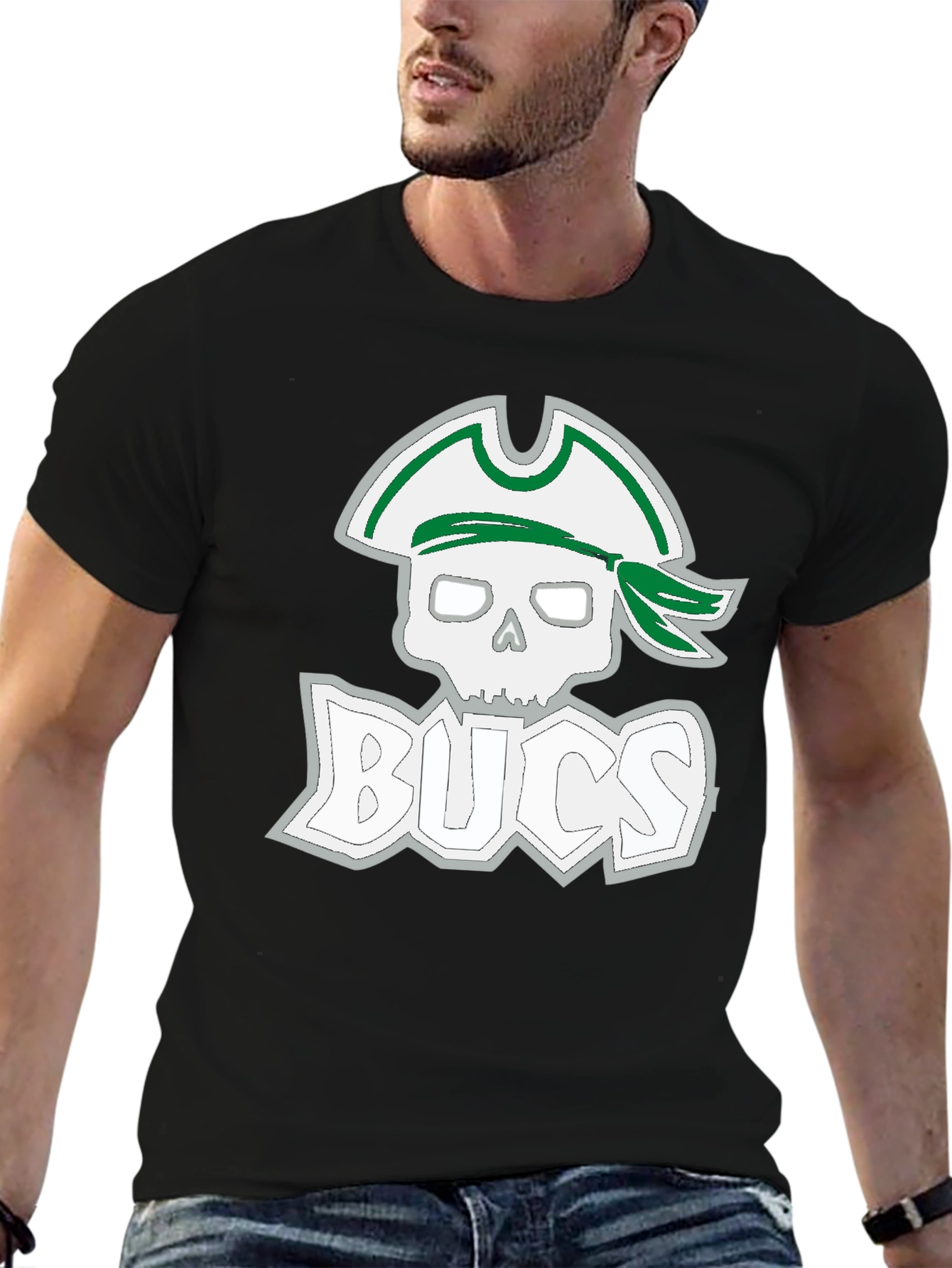 Black Men's Black T-Shirt with Pirate Skull & 'BUCS' Graphic view 6