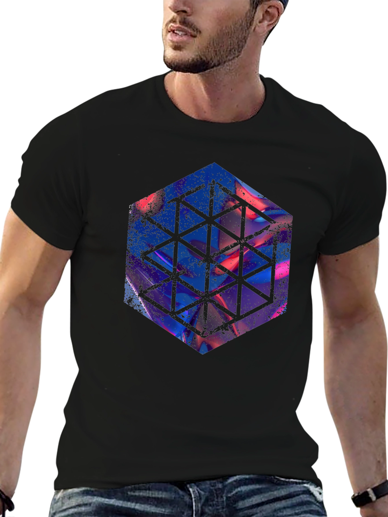 Black Geometric Hexagon Graphic Black T-Shirt view 6