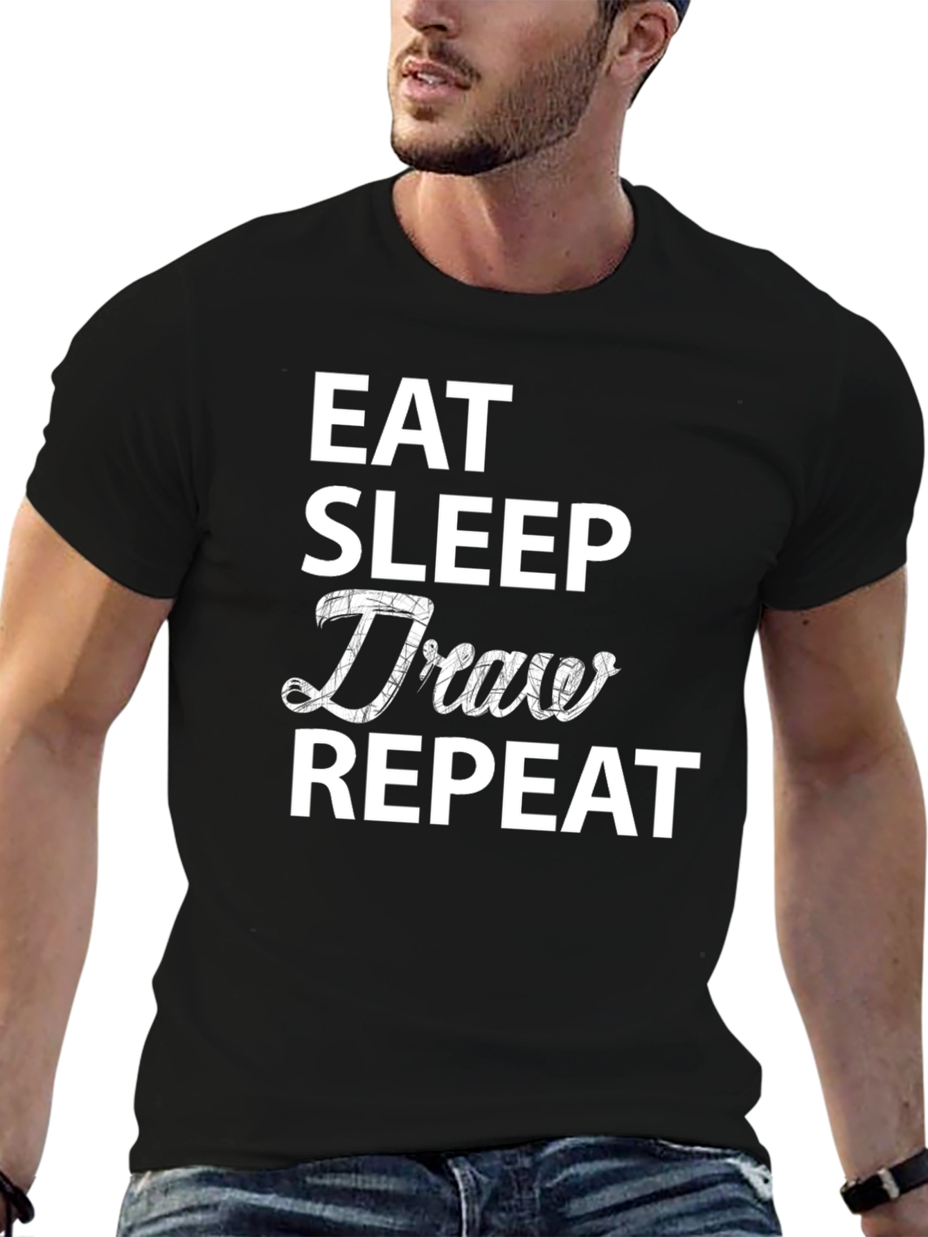Black Eat Sleep Draw Repeat Black Graphic T-Shirt view 6