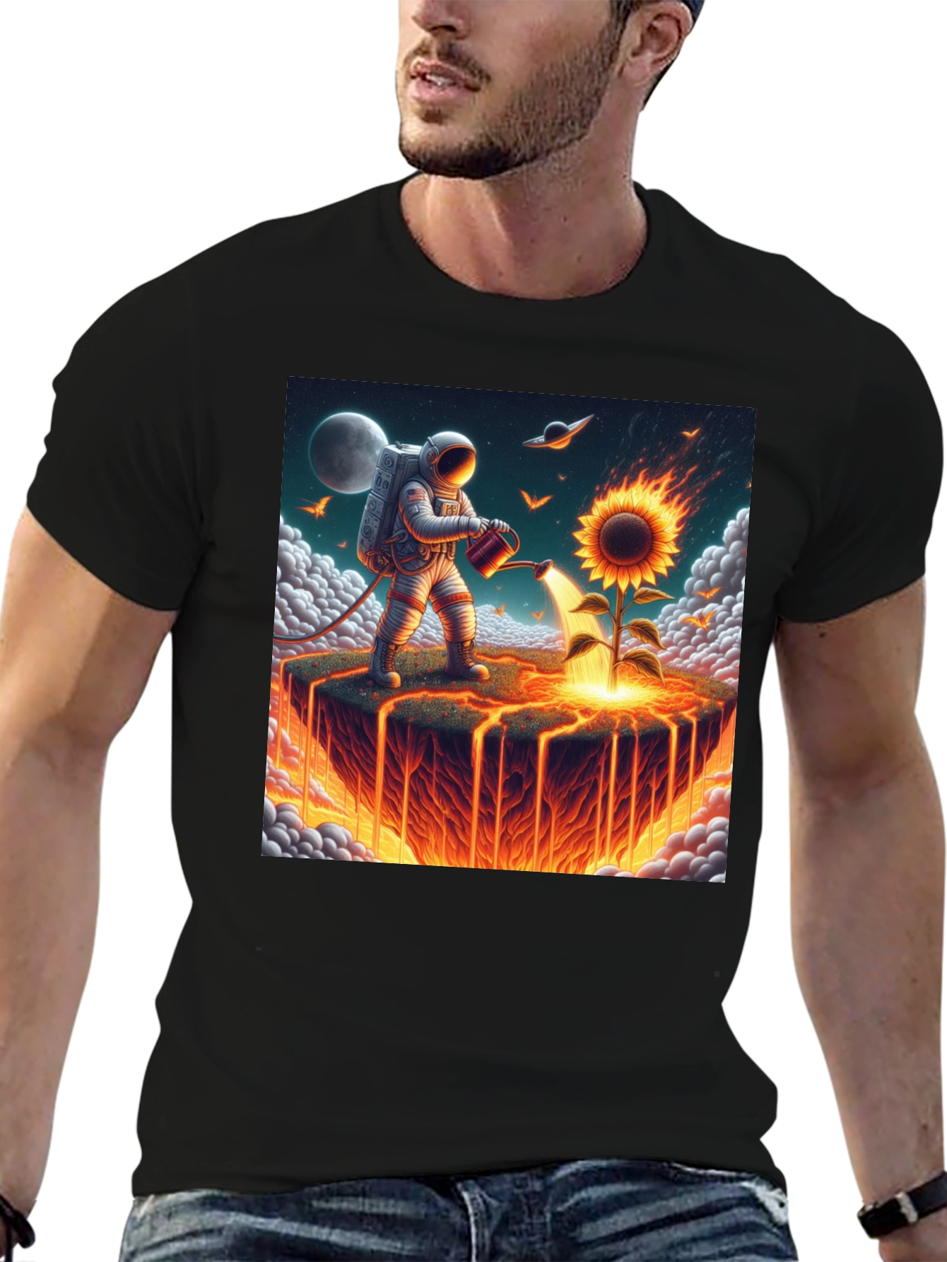 Black Astronaut Watering Fire Sunflower T-Shirt view 6