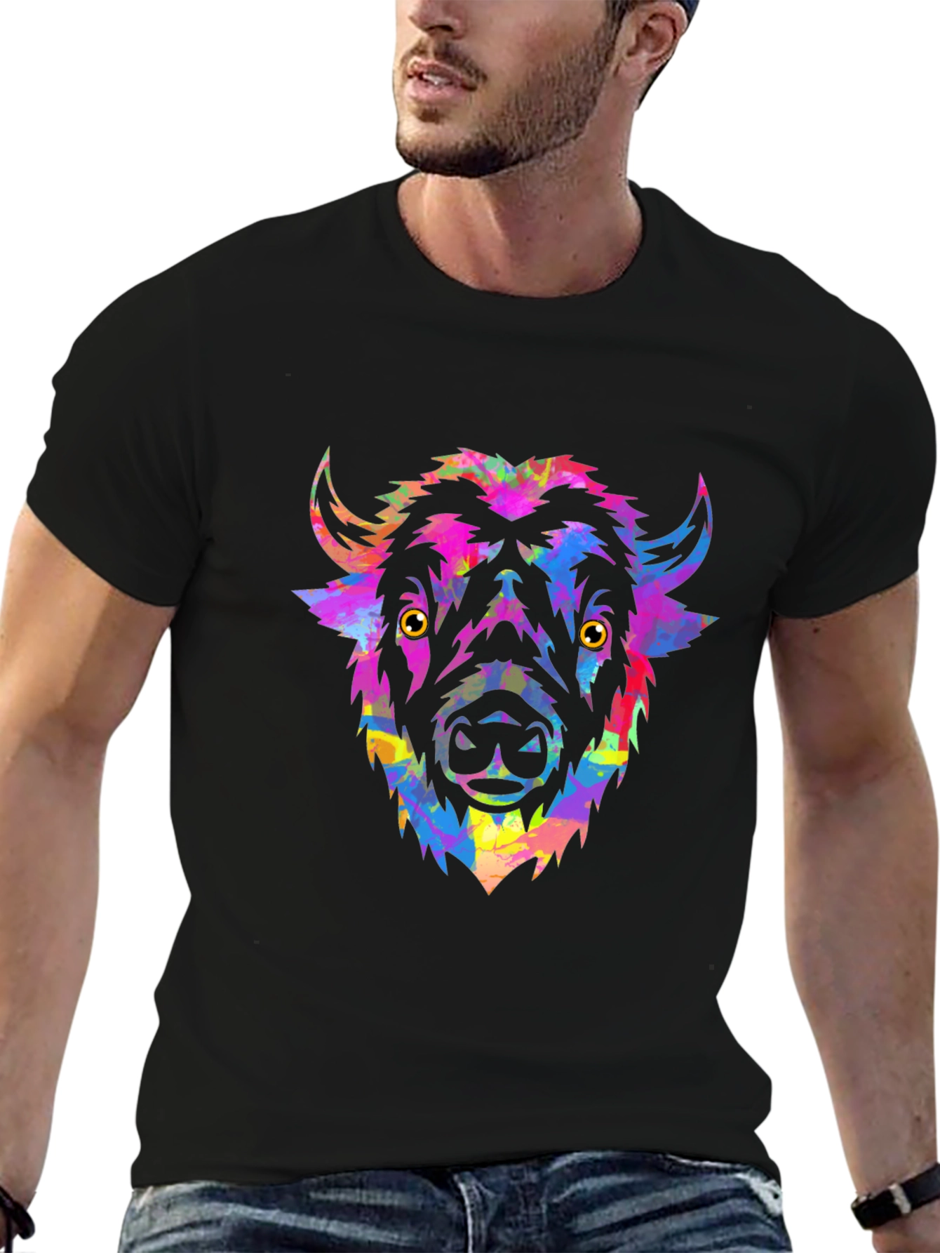 Black Colorful Bison Head Graphic Tee - Men's Black T-Shirt view 6