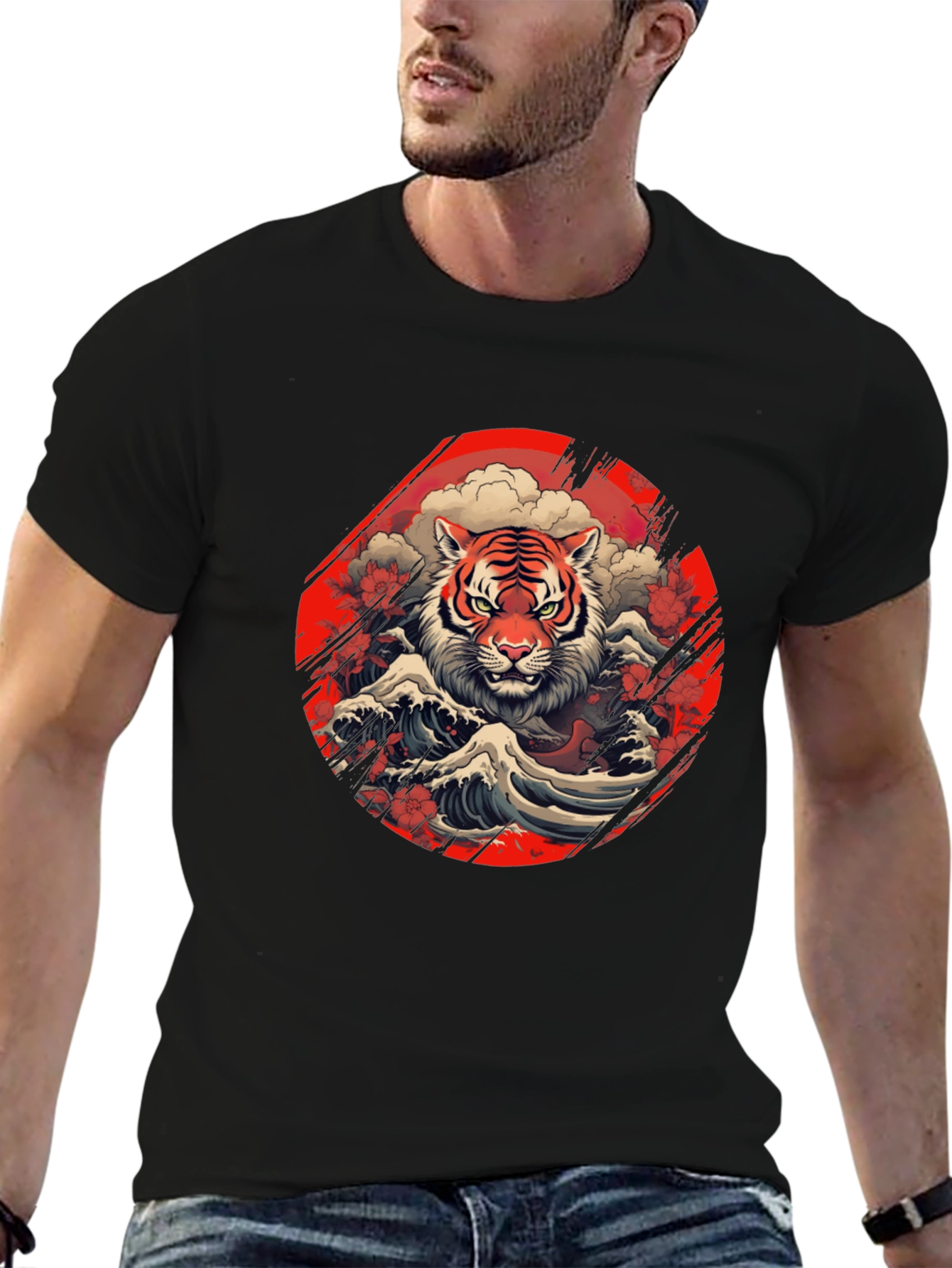 Black Tiger Wave Graphic Tee - Stylish Men's Black T-Shirt view 6