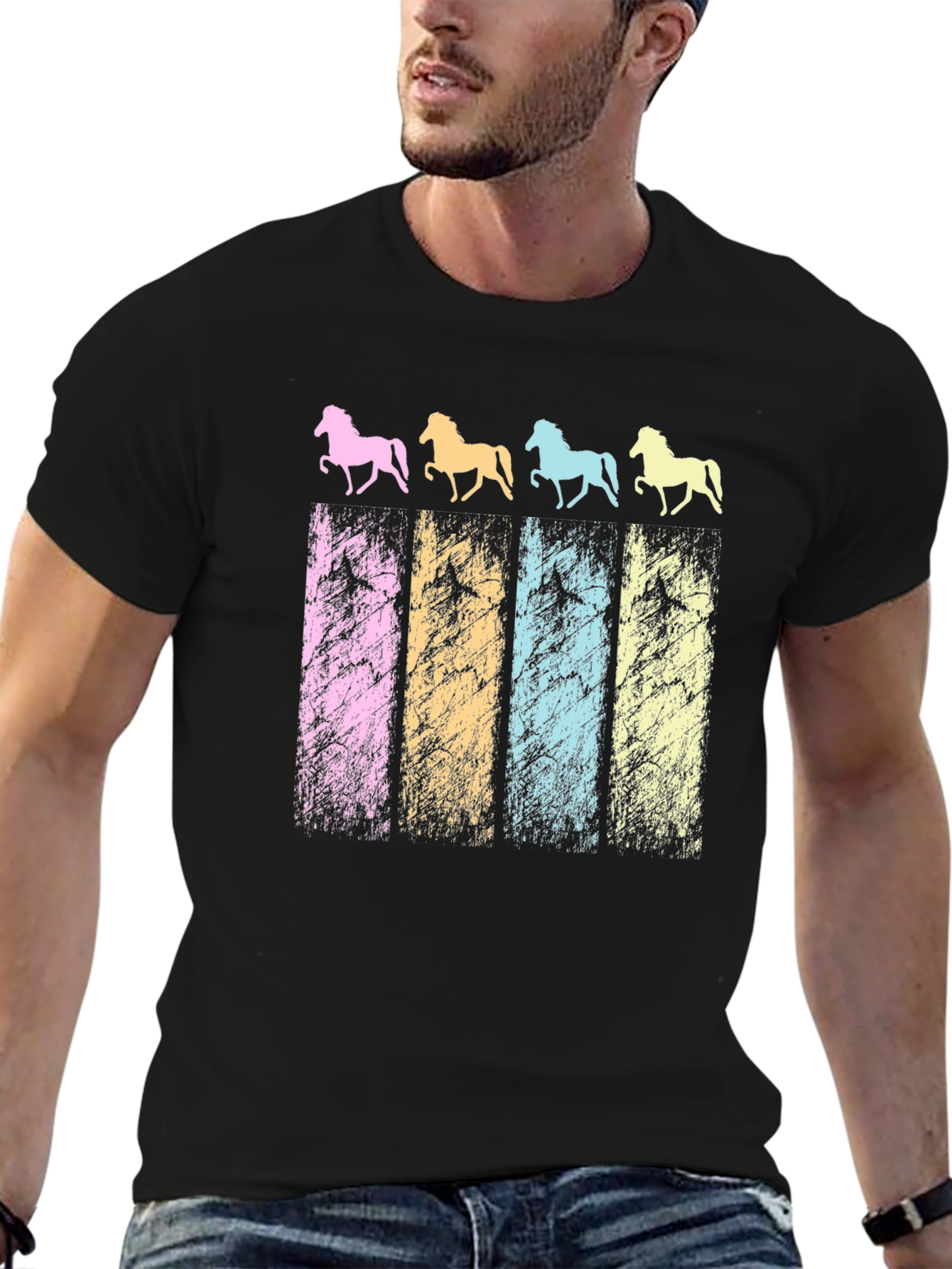 Black Retro Horse Graphic Tee - Black Cotton Casual Shirt view 6