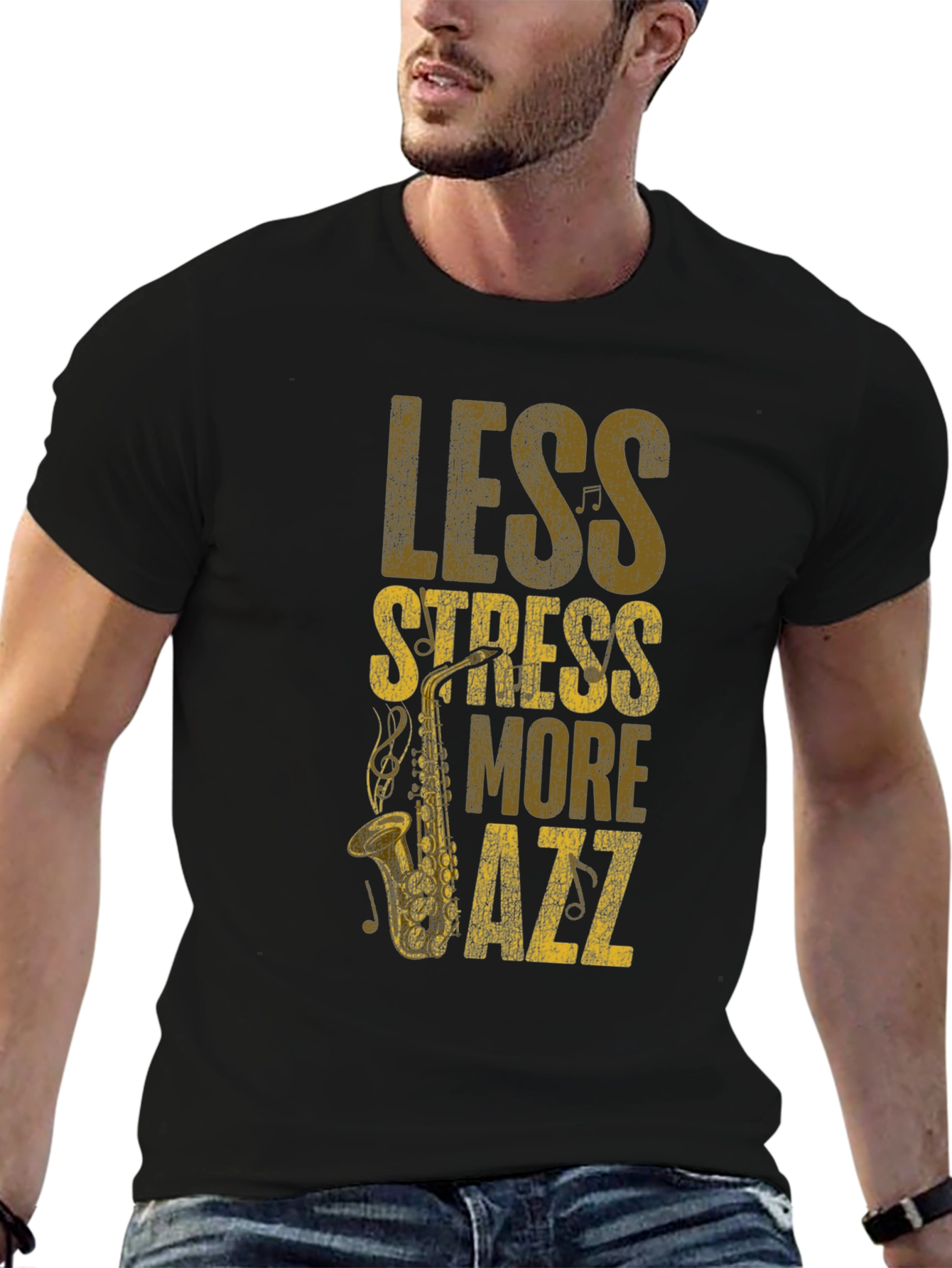 Black Less Stress More Jazz T-Shirt - Cool Music Tee view 6