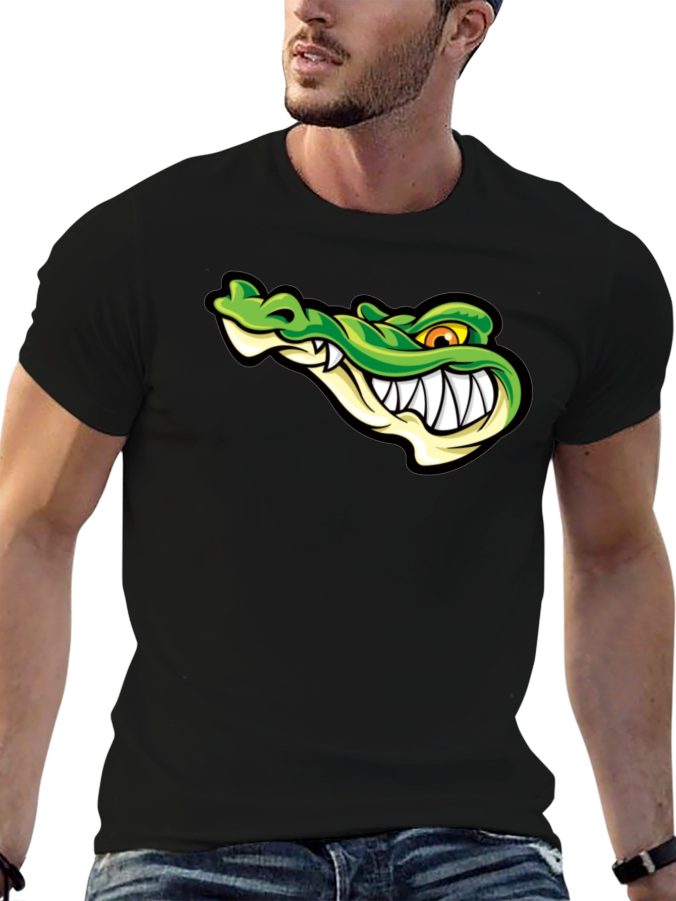 Black Cool Alligator Graphic Print Black T-Shirt view 6