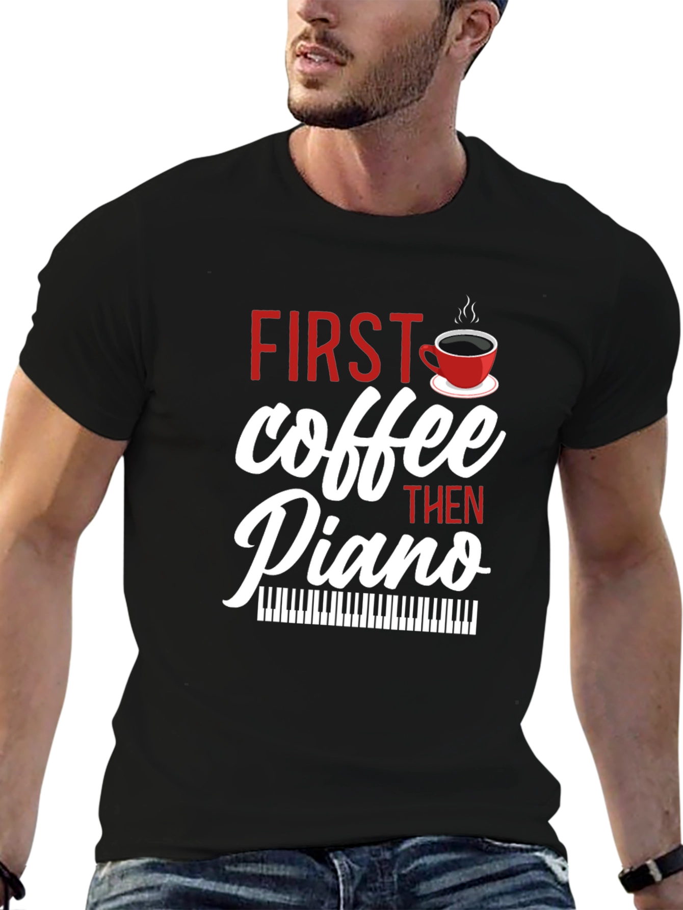 Black First Coffee Then Piano - Black T-Shirt view 6