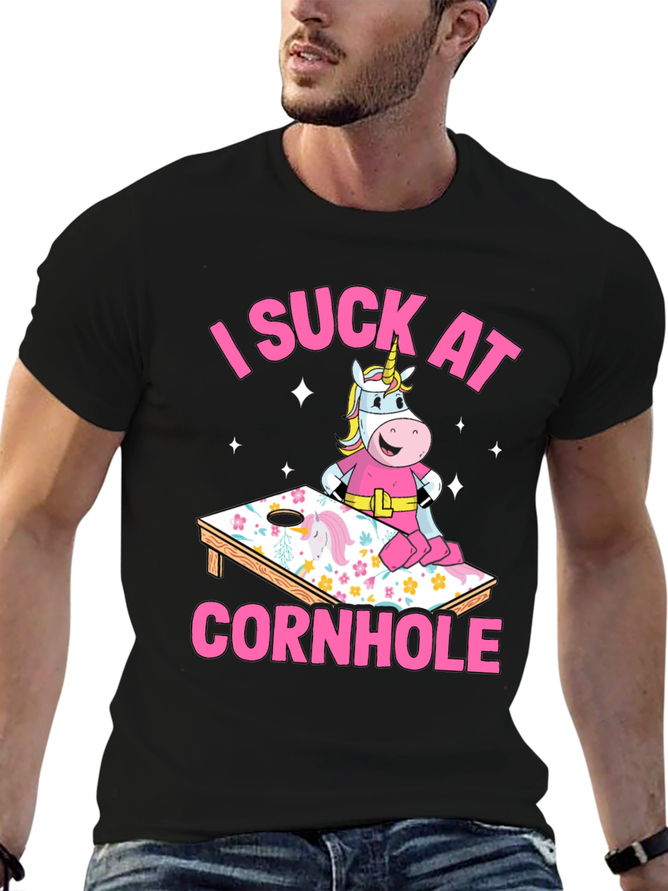 Black I Suck At Cornhole Unicorn T-Shirt view 6