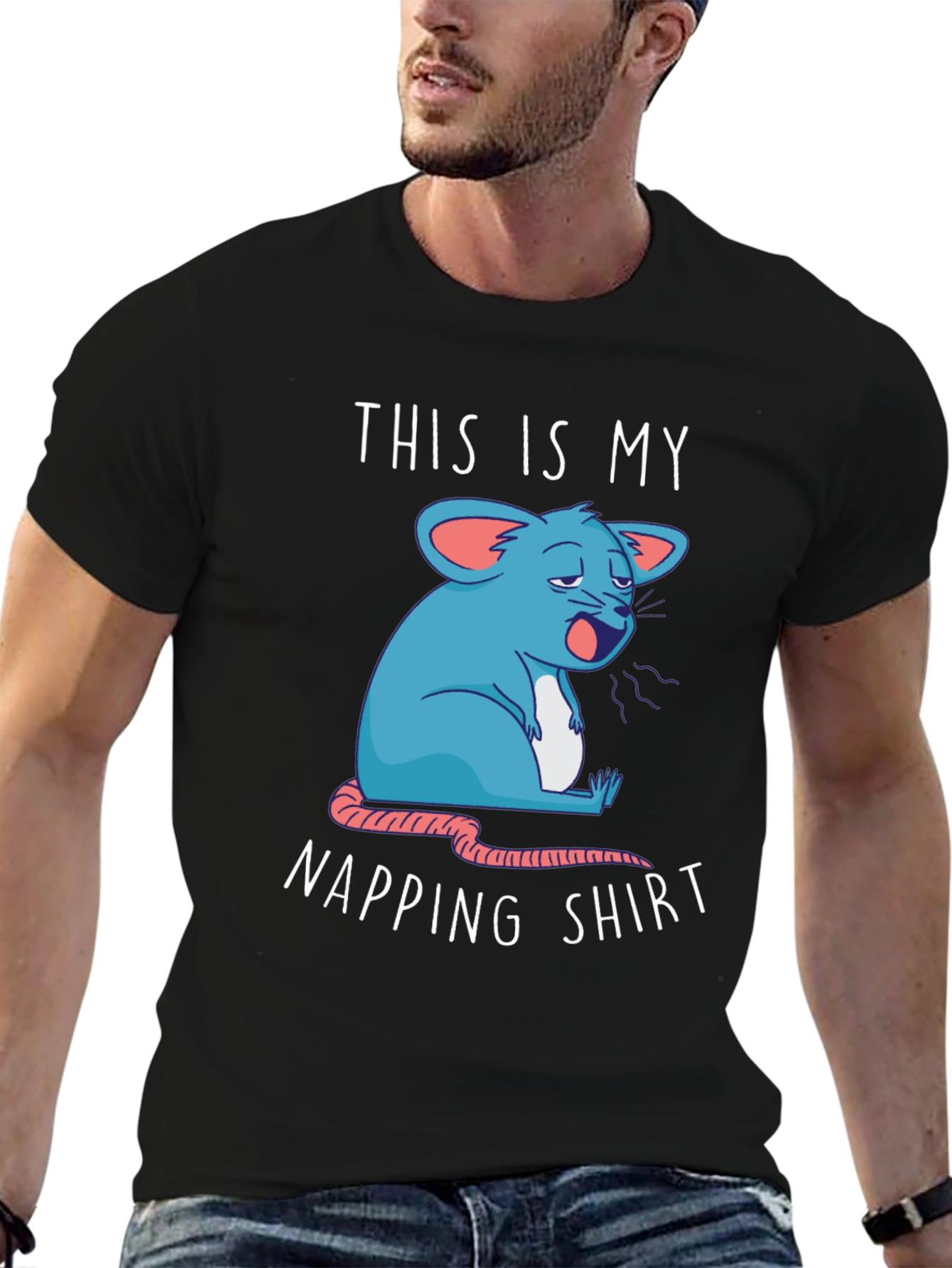 Black Napping Shirt - Funny Cartoon Sleepy Mouse Tee view 6