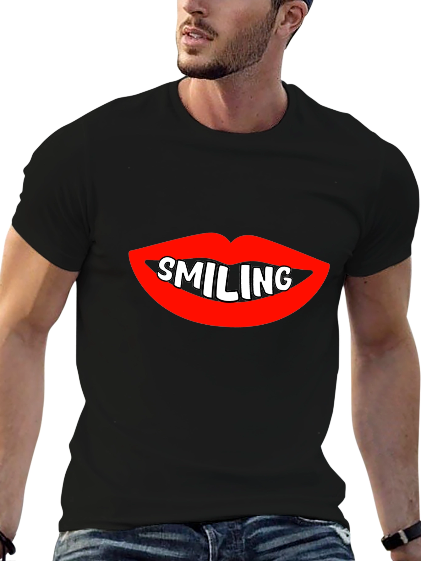 Black Smiling Lips Graphic Black T-Shirt view 6