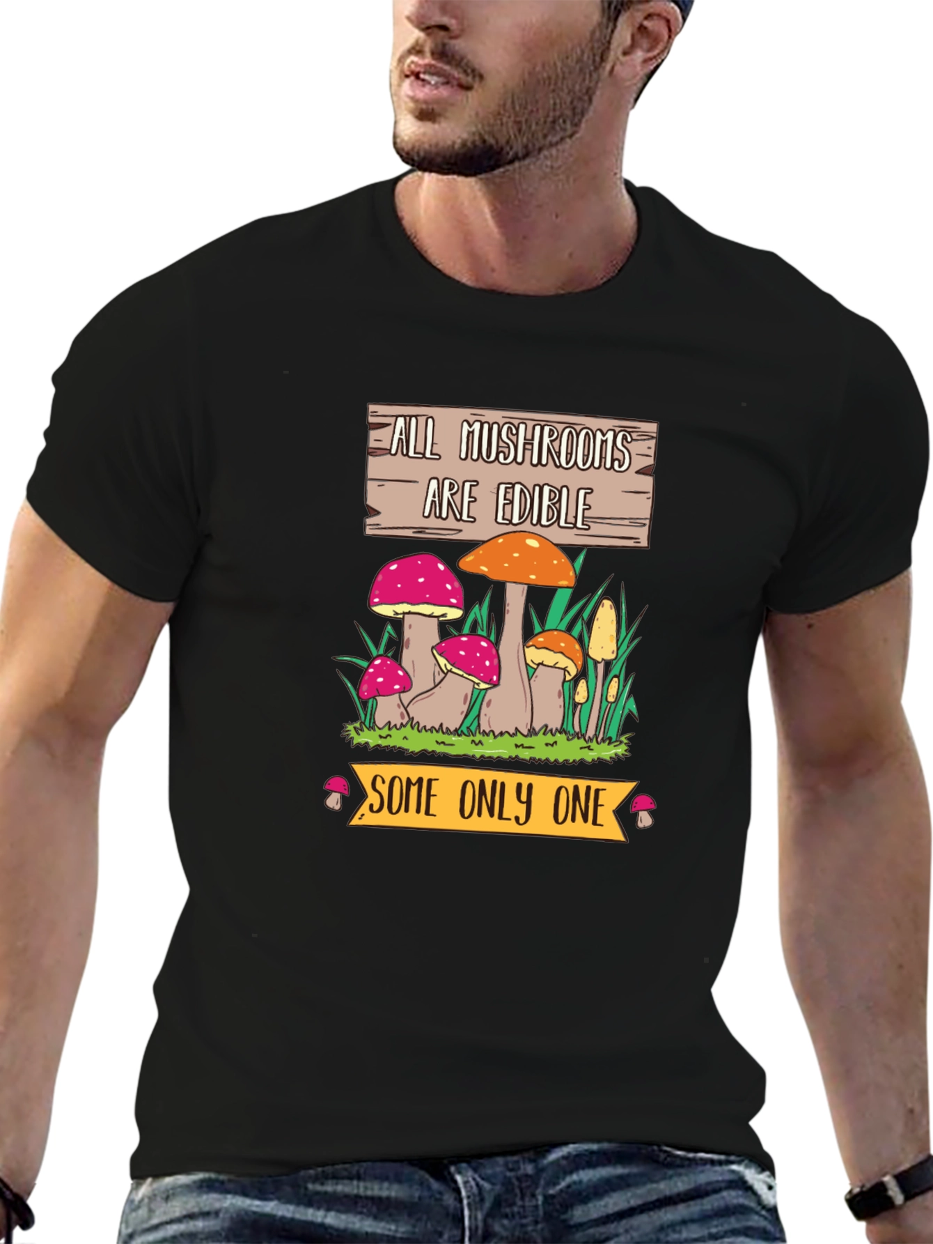 Black Funny Mushroom Graphic Tee - All Mushrooms Are Edible view 6