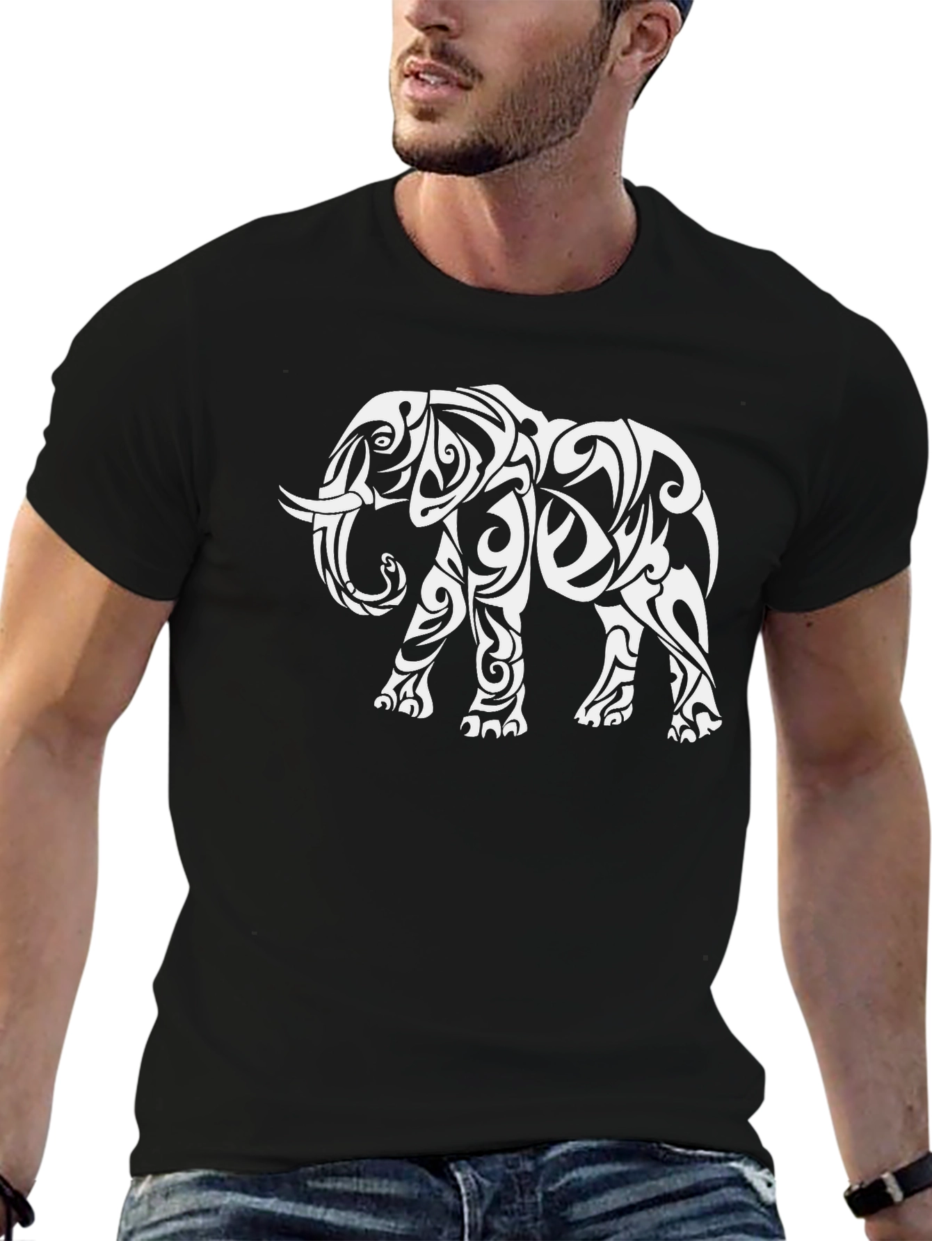 Black Tribal Elephant Graphic Tee - Black Casual Shirt view 6