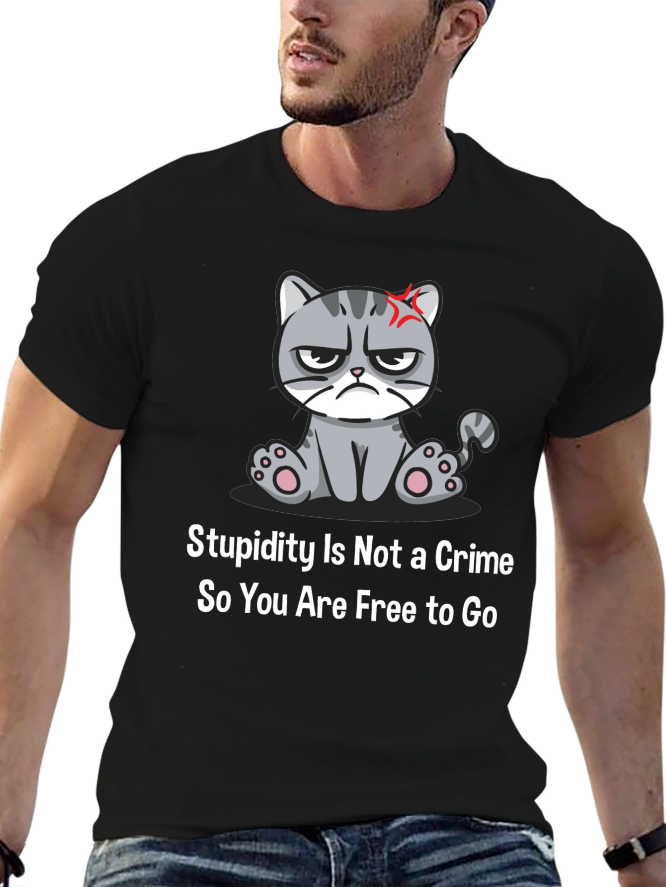 Black Grumpy Cat T-Shirt: Stupidity Is Not a Crime - Funny Sarcastic Tee view 6