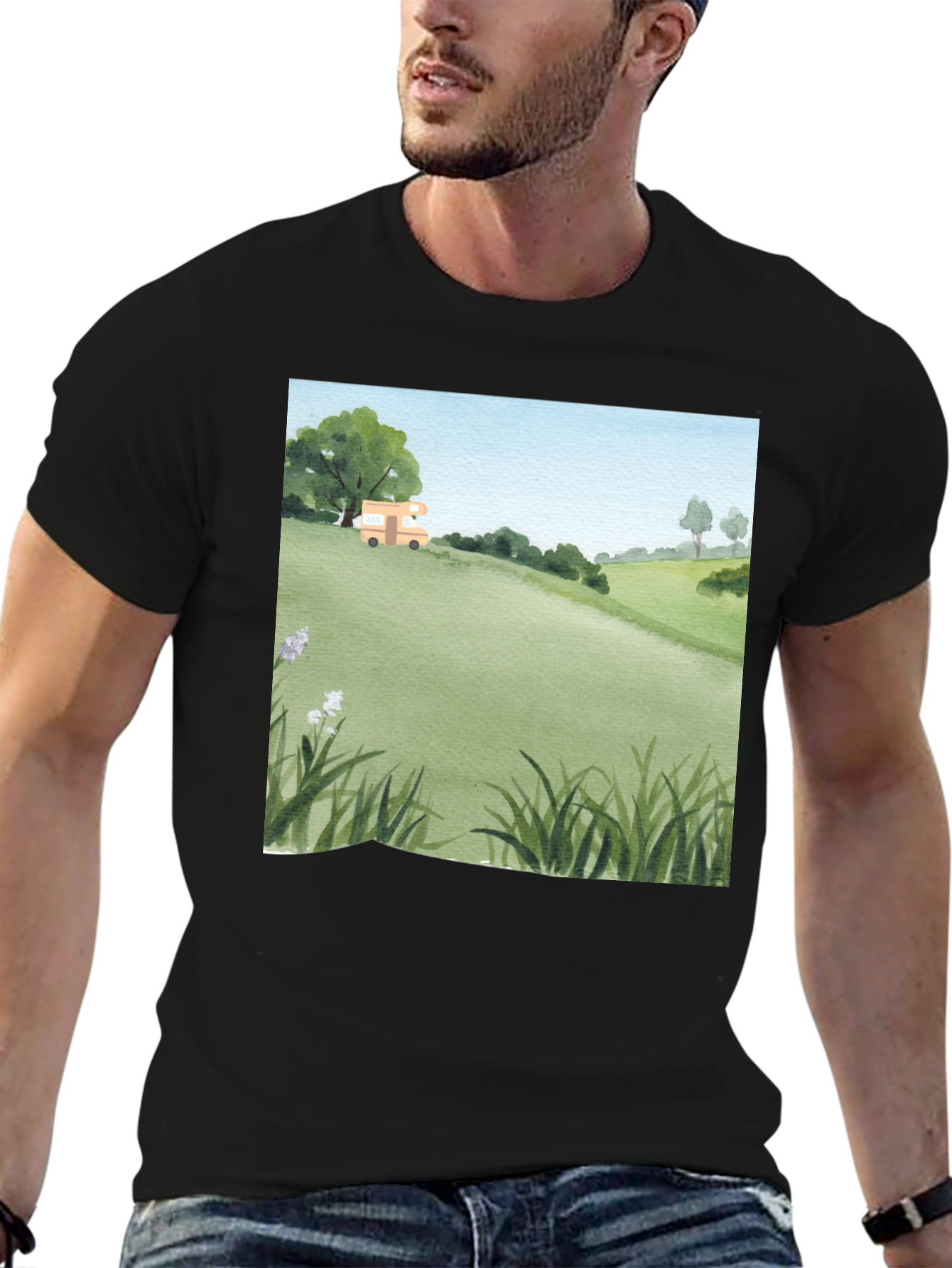 Black Watercolor Landscape Camper T-Shirt view 6