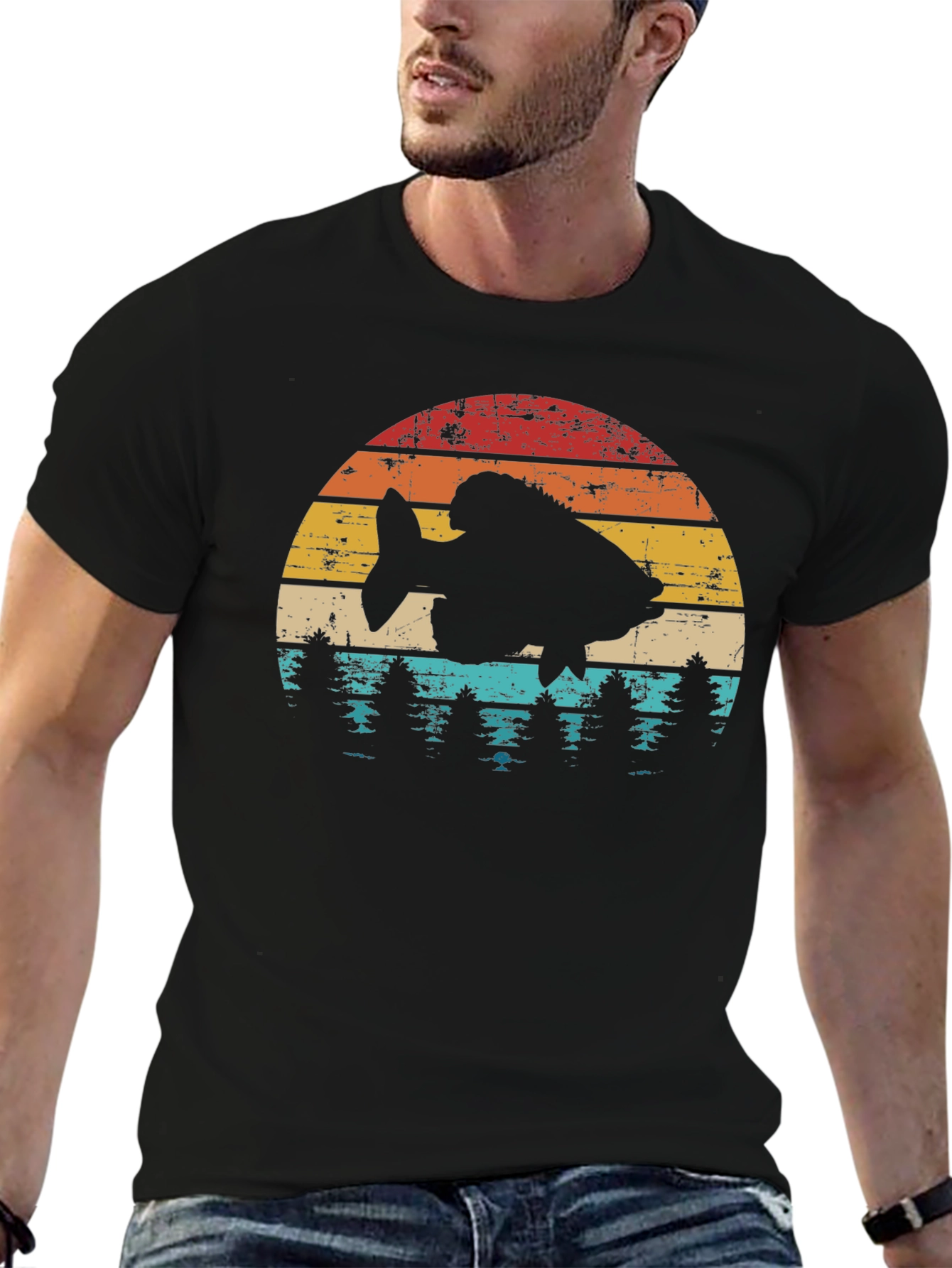 Black Retro Fishing T-Shirt - Angler Silhouette Tee view 6
