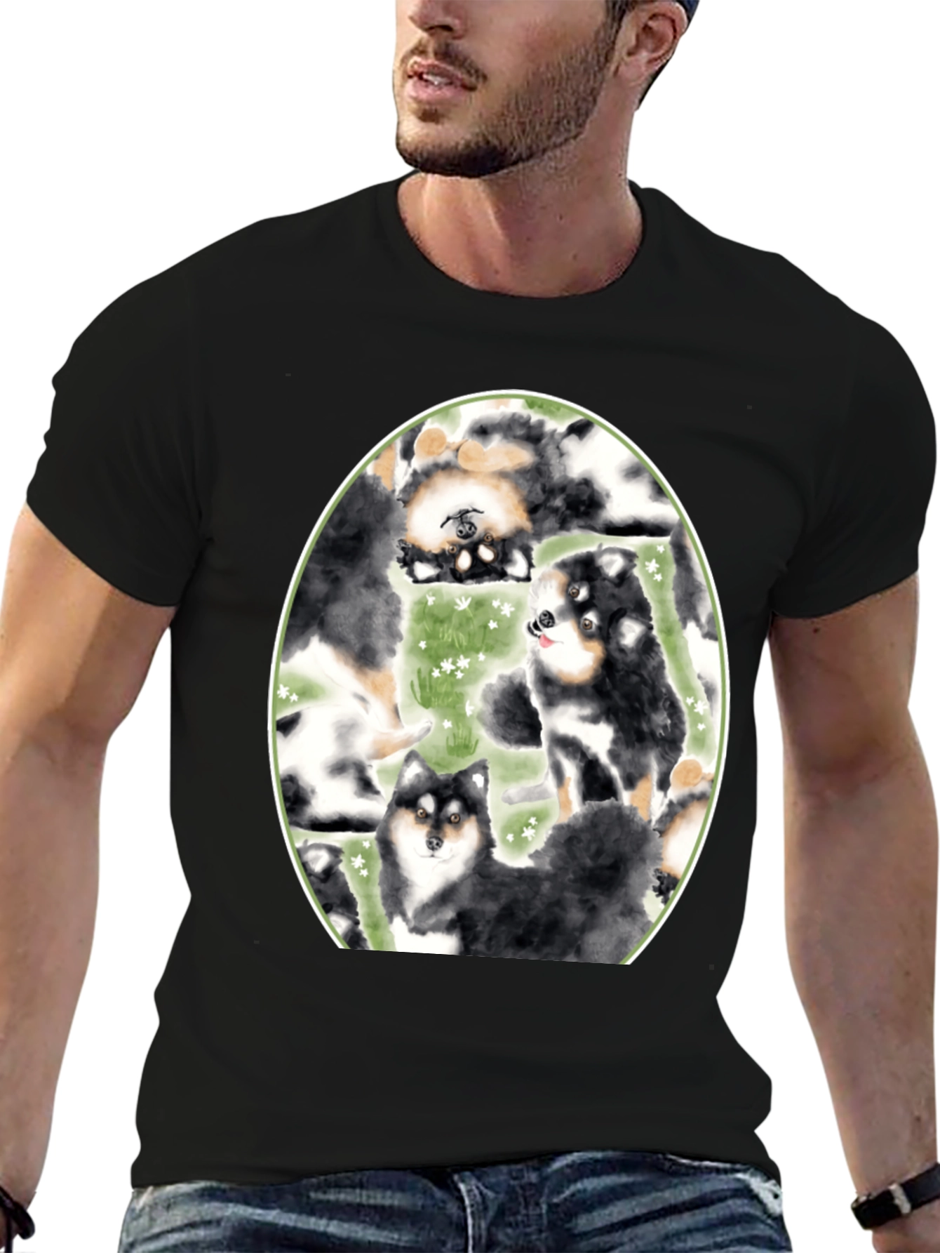 Black Dog Lover's T-Shirt: Cute Canine Pattern, Black view 6