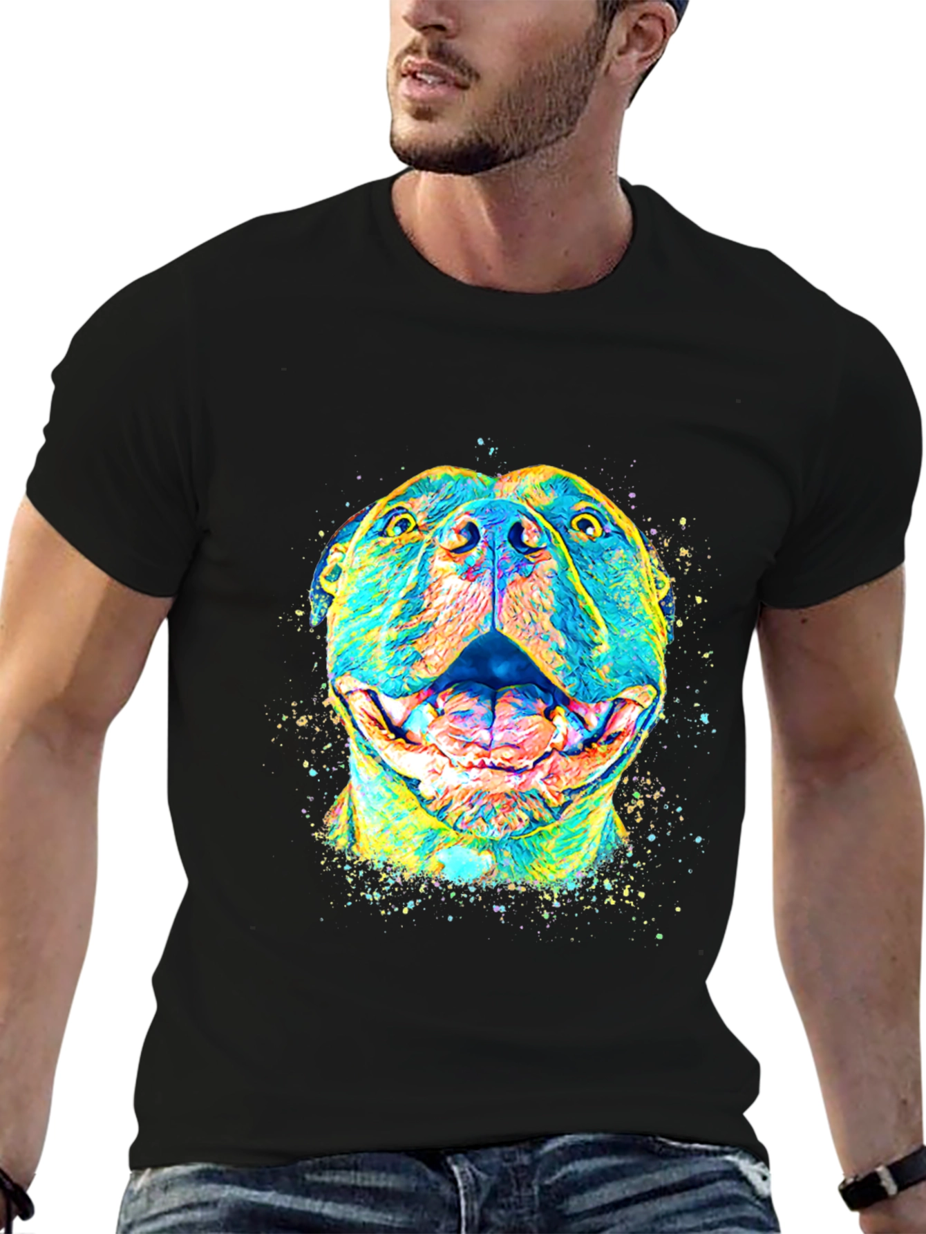 Black Colorful Pitbull Dog Graphic T-Shirt view 6