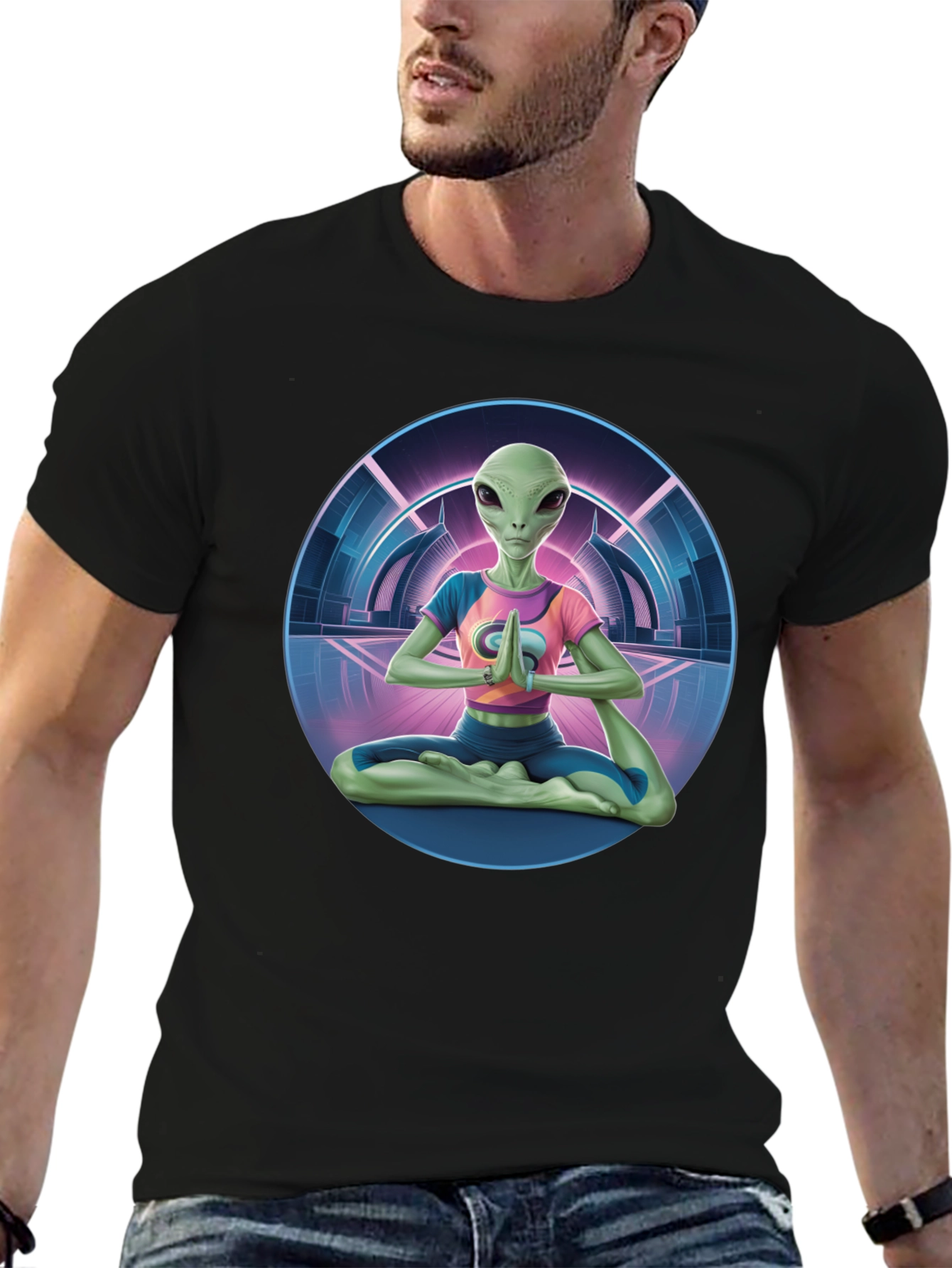 Black Alien Yoga Meditation T-Shirt - Men's Black Graphic Tee view 6