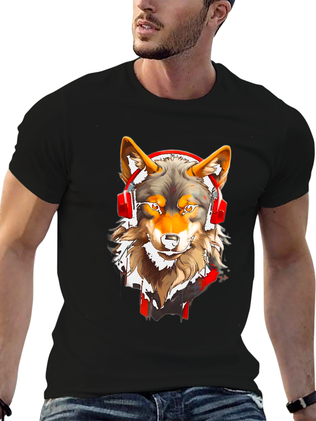 Black Wolf Headphones Graphic Tee view 6