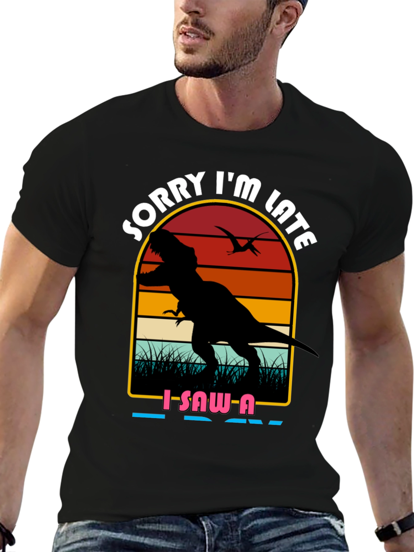 Black Sorry I'm Late Dinosaur Graphic Tee view 6