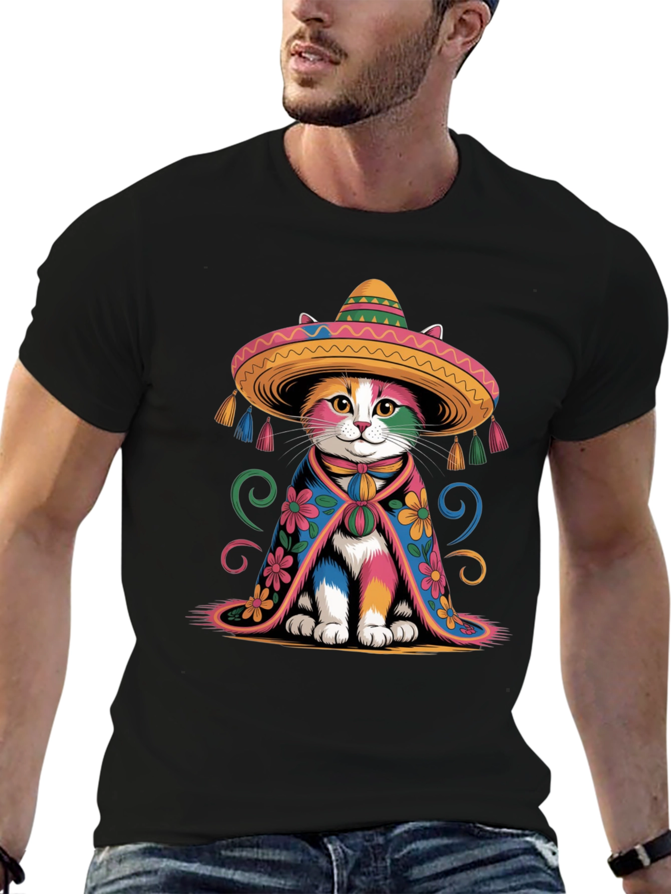 Black Colorful Cat Sombrero T-Shirt view 6