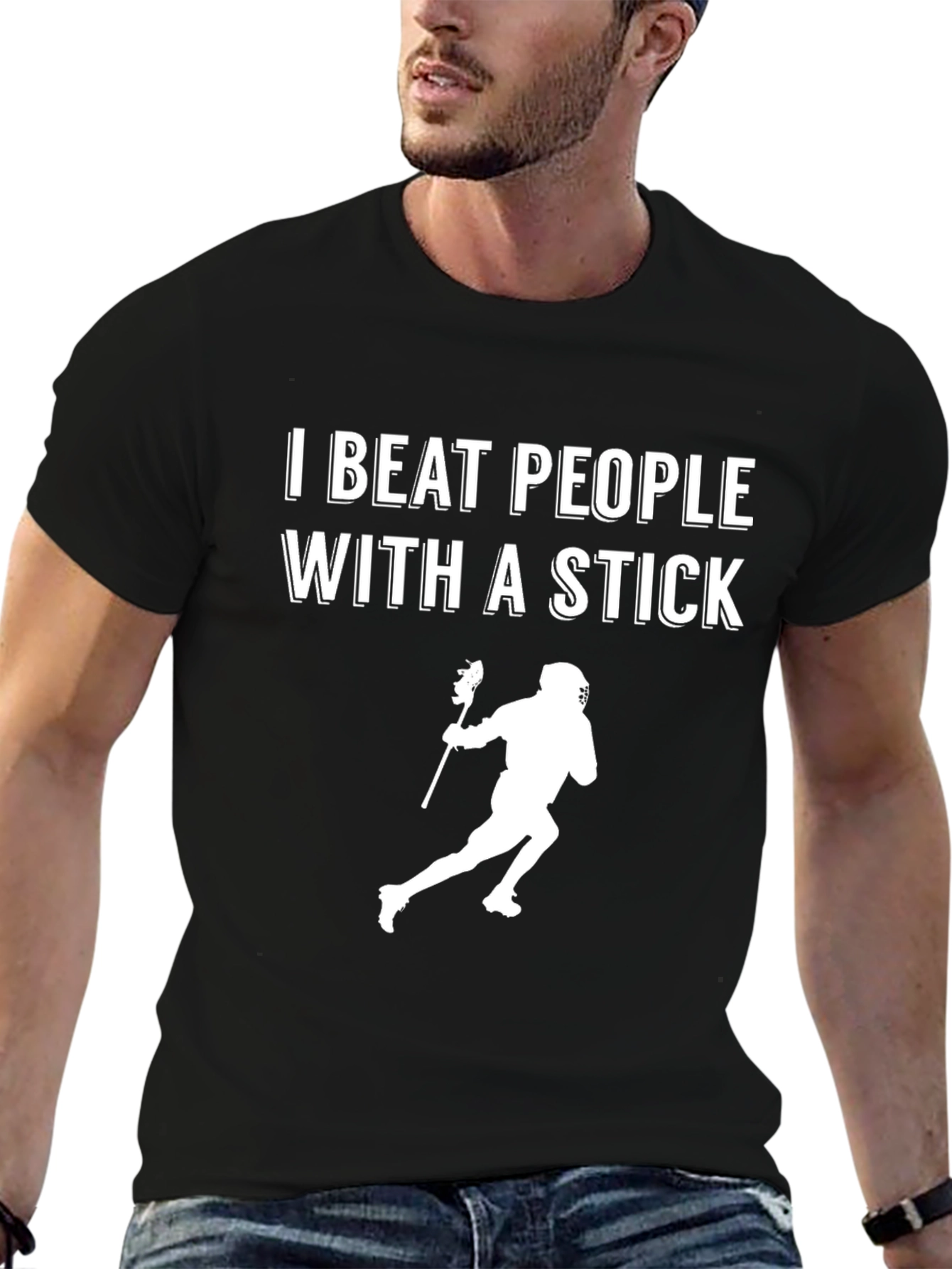Black I Beat People With A Stick Lacrosse T-Shirt view 6