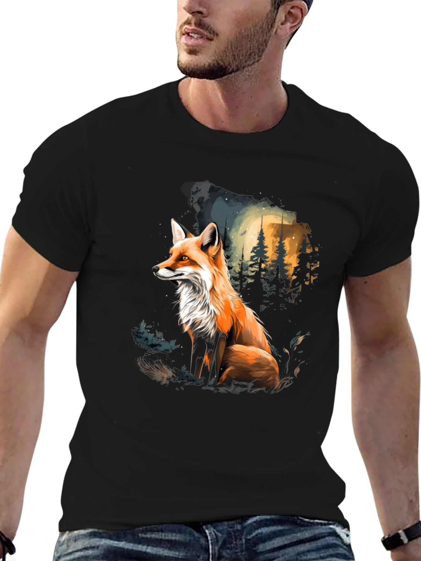 Black Fox in Forest Graphic Tee - Stylish Black T-Shirt view 6