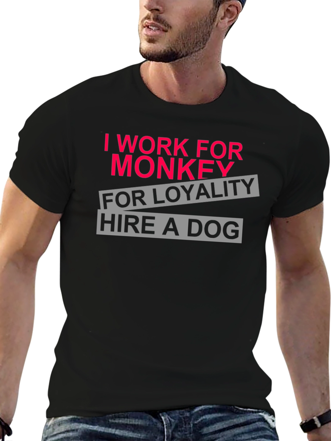 Black I Work for Monkey Funny Graphic T-Shirt view 6