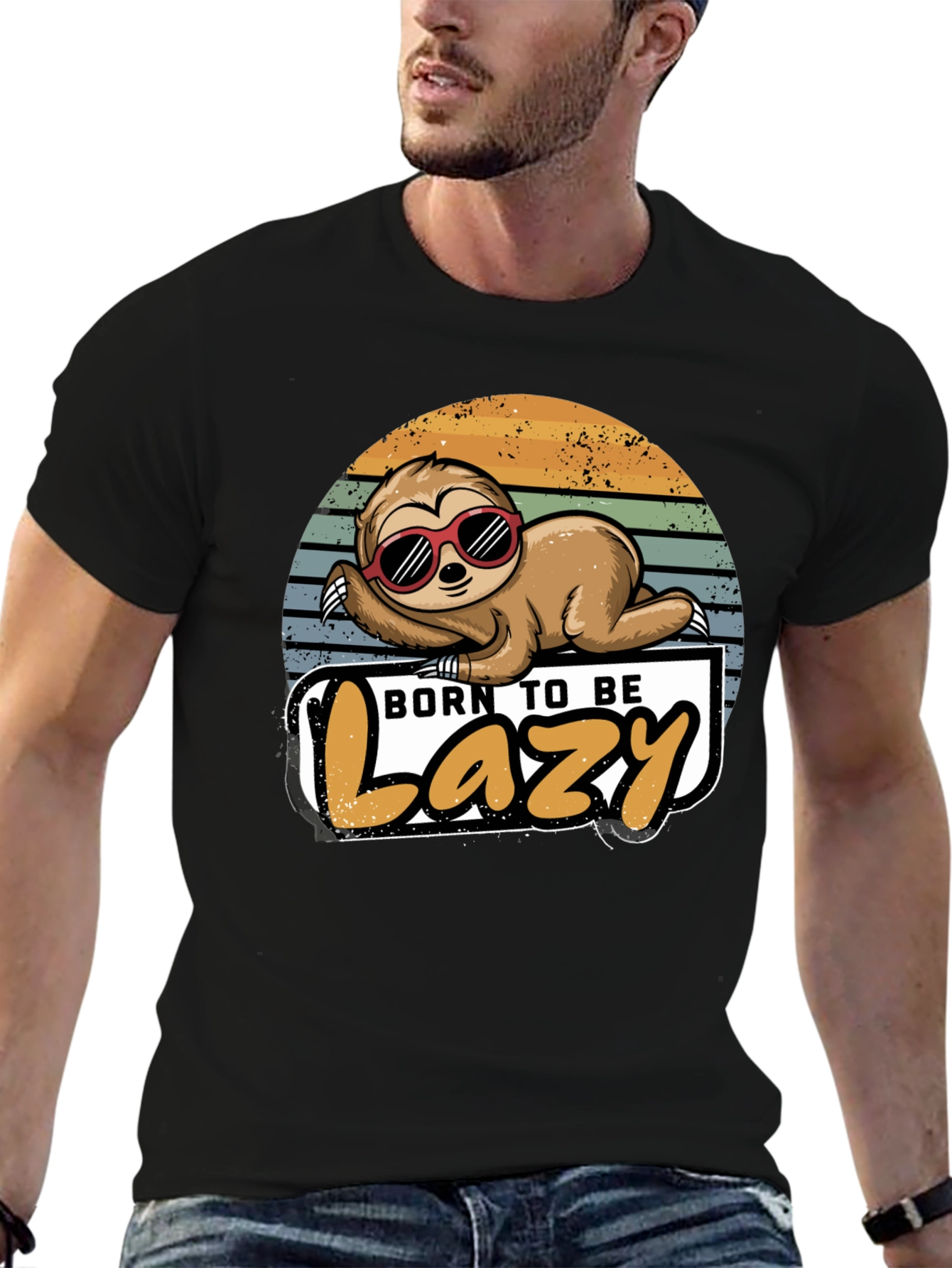 Black Born to Be Lazy Sloth Graphic T-Shirt view 6