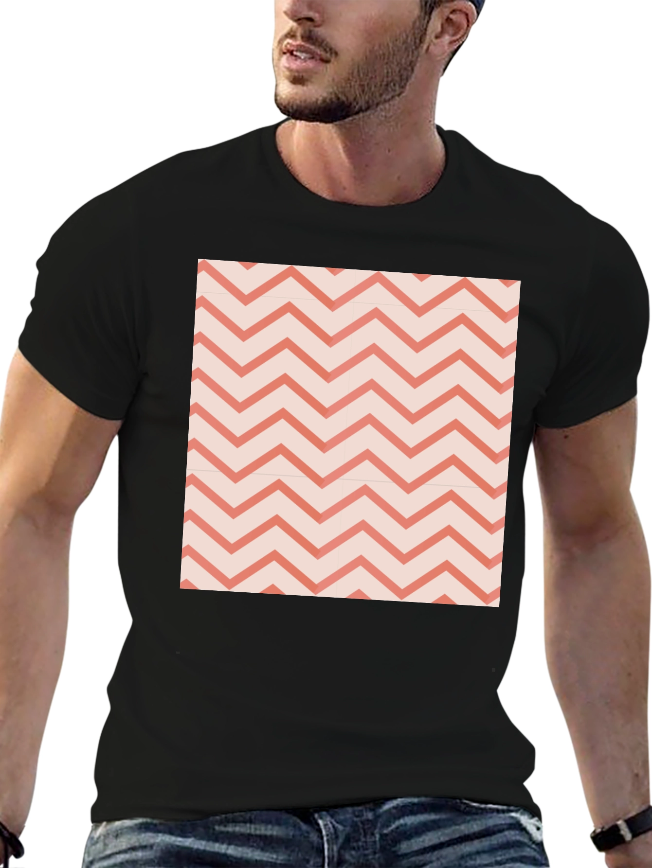 Black Men's Black Tee with Coral Chevron Pattern view 6