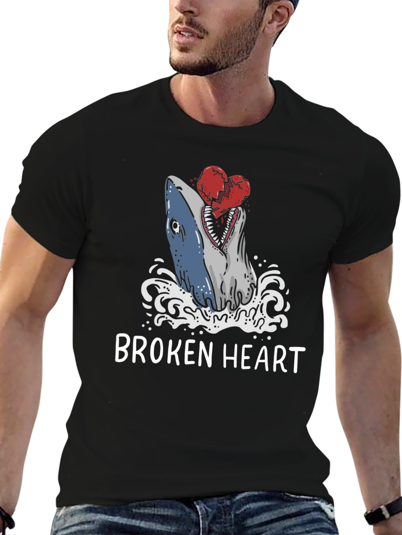 Black Broken Heart Shark T-Shirt - Novelty Graphic Tee view 6