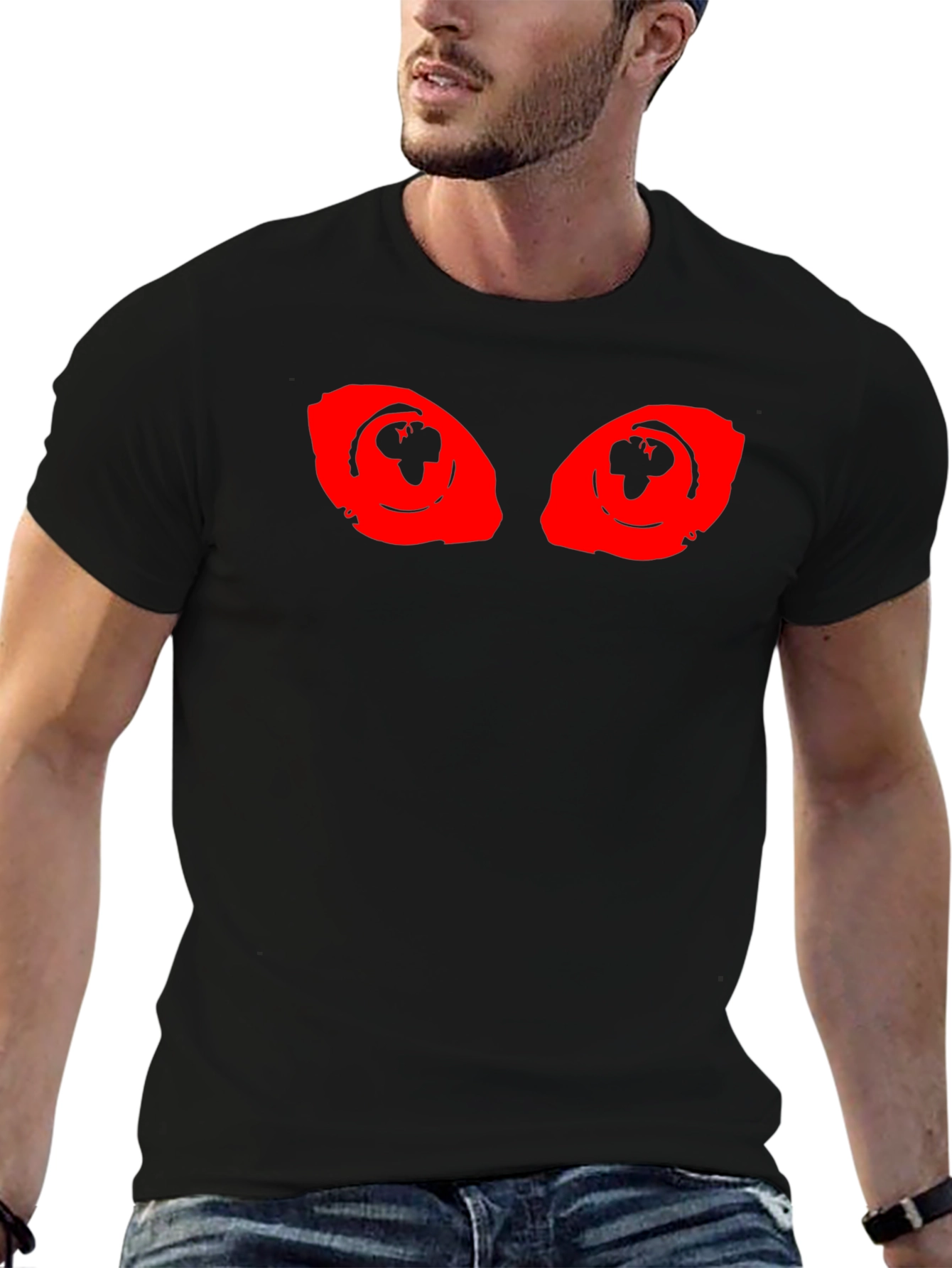 Black Men's Black T-Shirt with Red Eye Graphic view 6