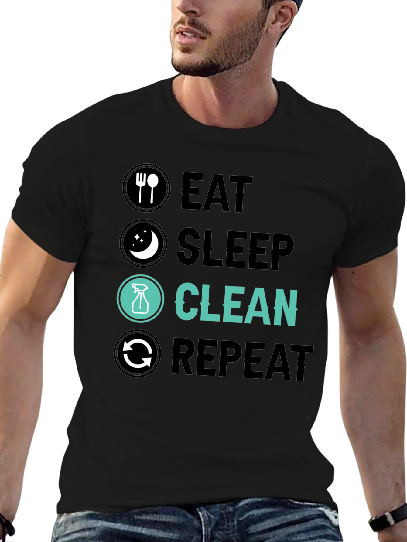 Black Eat Sleep Clean Repeat Graphic Tee view 6