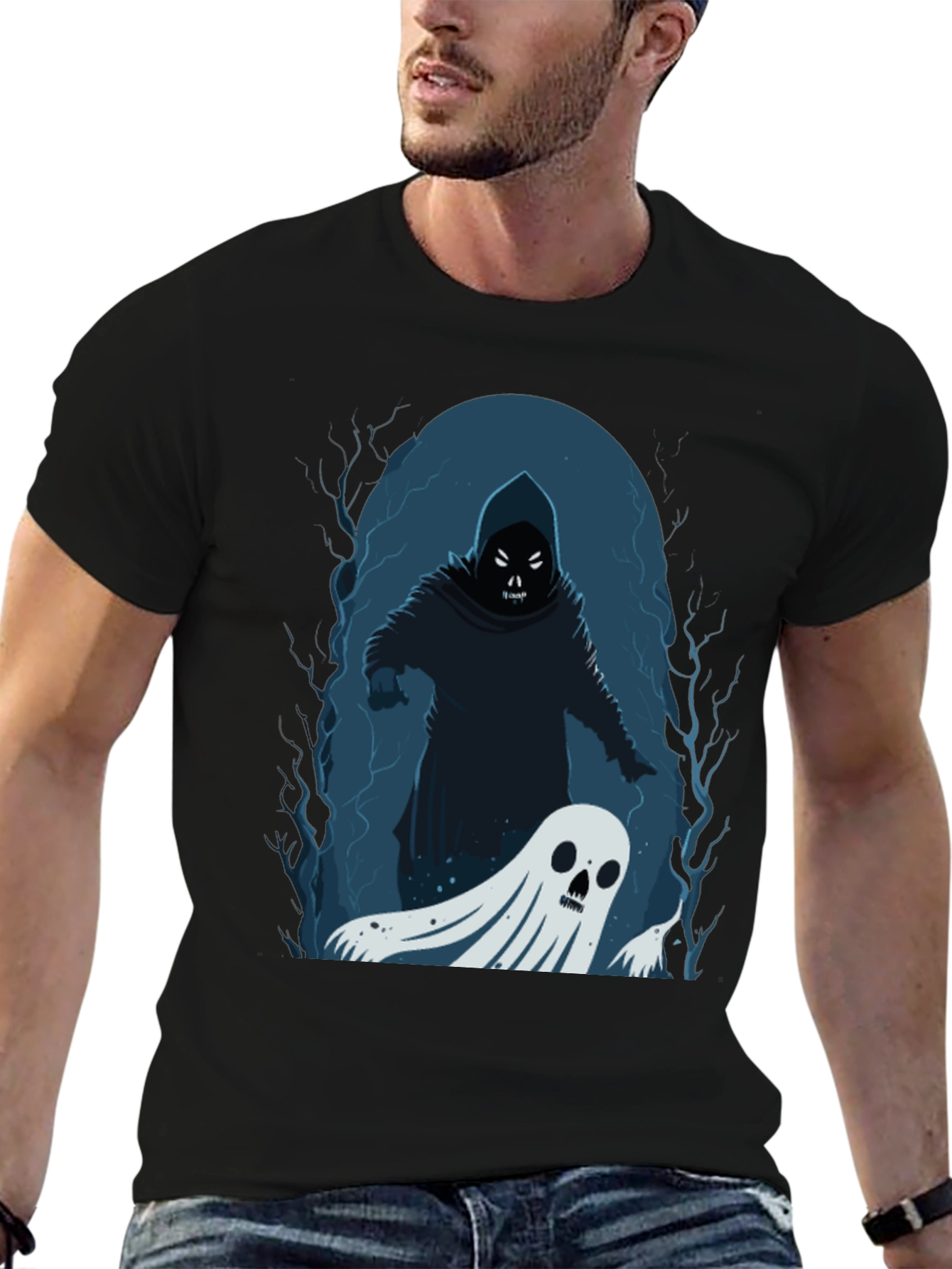 Black Spooky Grim Reaper & Ghost Black T-Shirt view 6