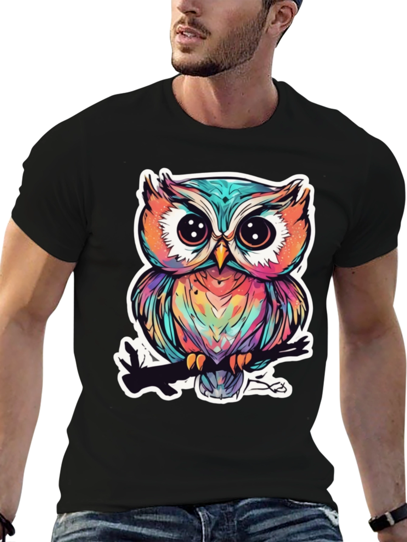 Black Colorful Owl Graphic Tee - Unique Bird Design view 6