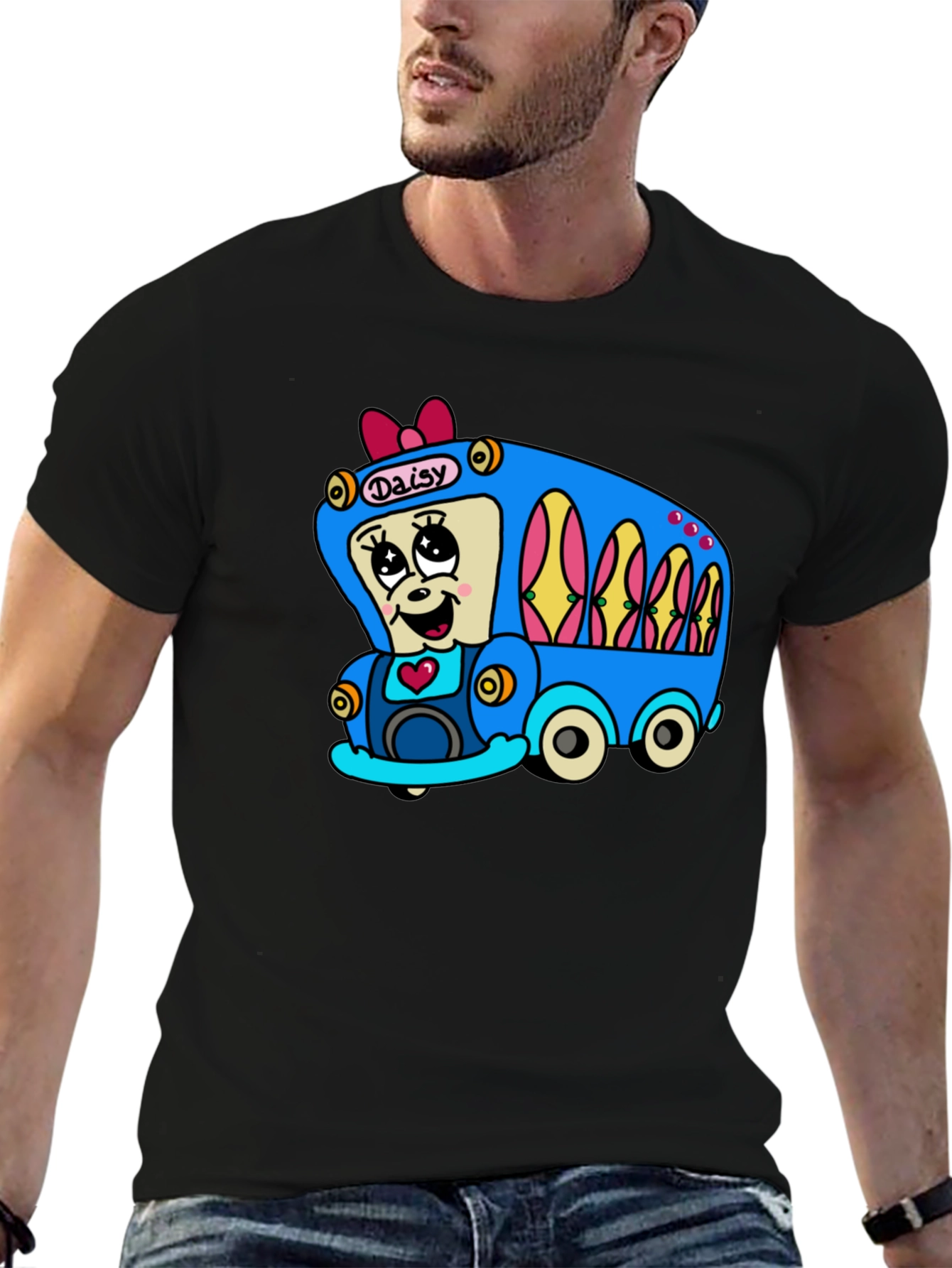 Black Daisy Bus Cartoon T-Shirt - Fun & Unique Graphic Tee view 6