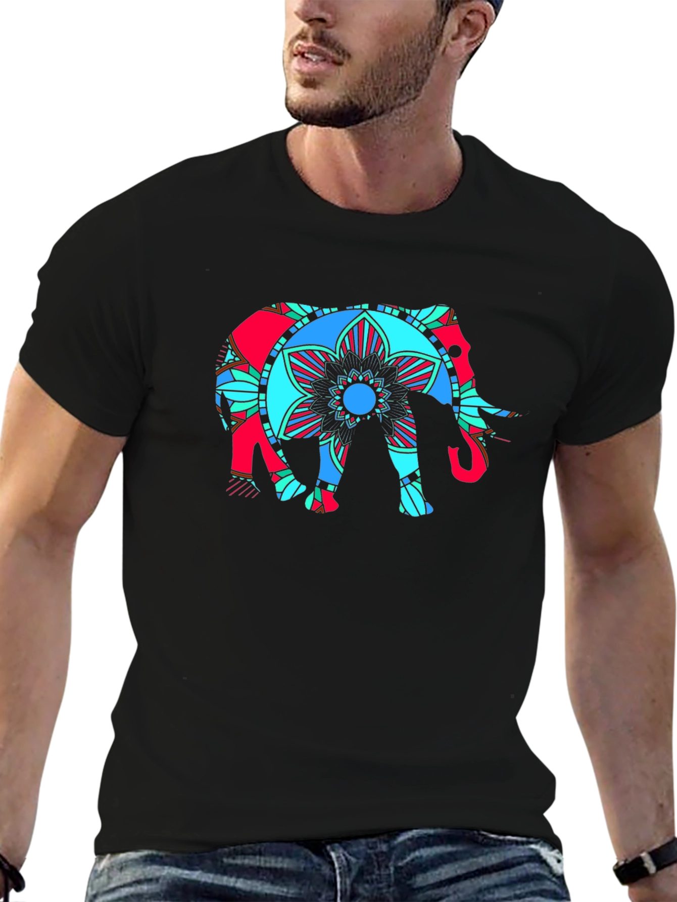 Black Elephant Mandala Graphic T-Shirt view 6