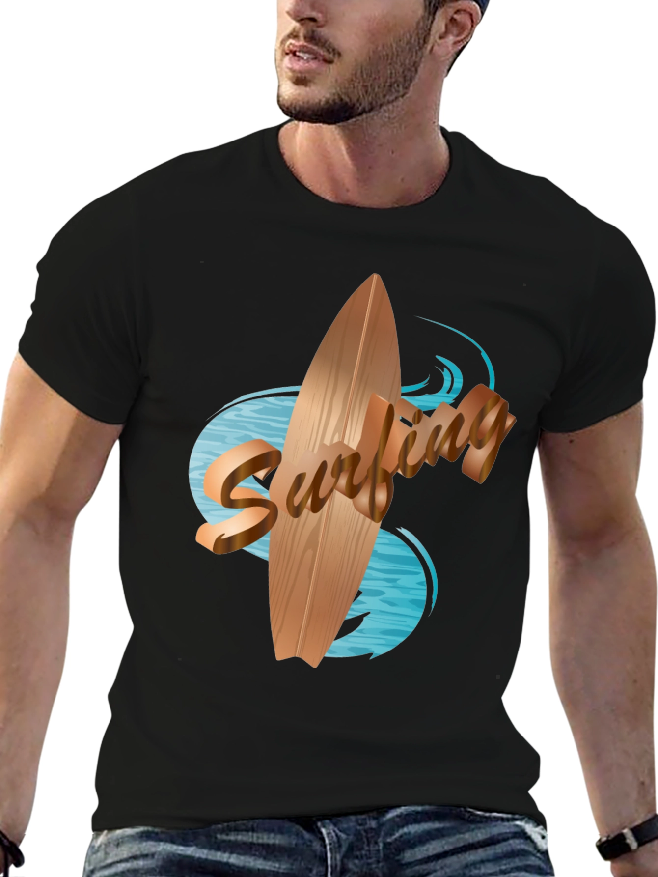 Black Surfboard Graphic Tee - Black Cotton Blend view 6