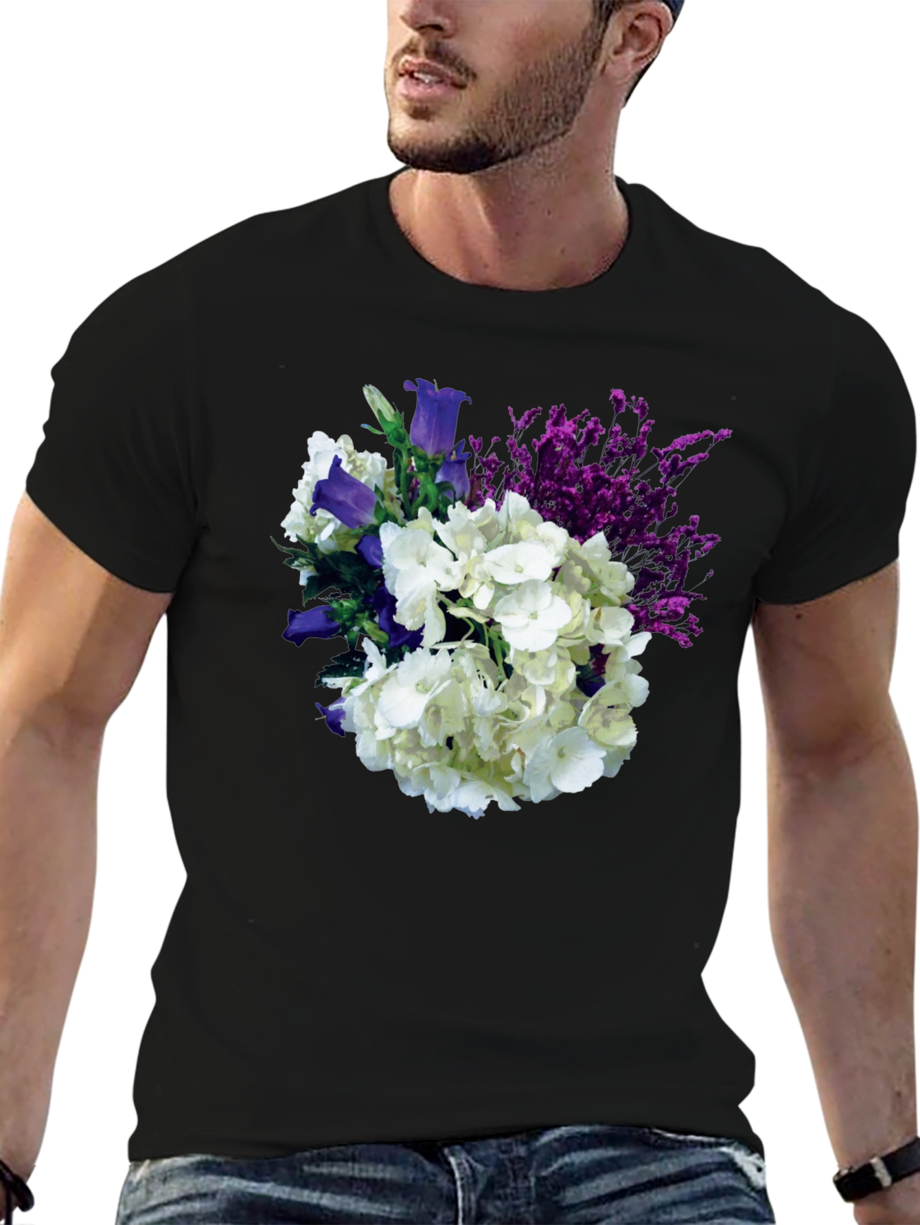 Black Floral Bouquet T-Shirt - Black Cotton Tee view 6