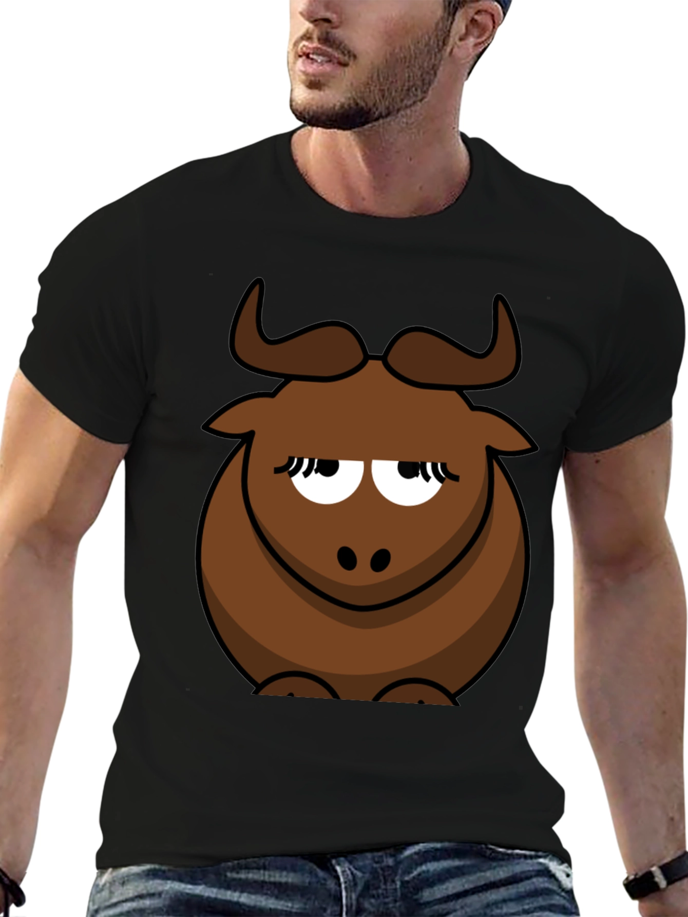 Black Funny Cartoon Bull Graphic T-Shirt - Unisex Black Tee view 6