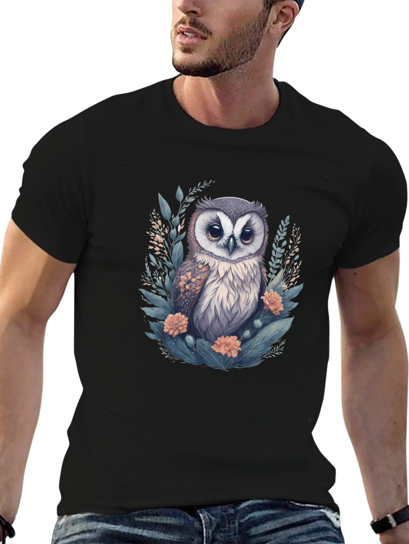 Black Cute Owl Floral Graphic Print Black T-Shirt view 6