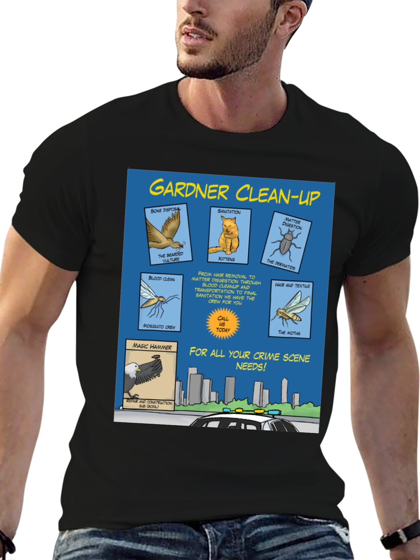 Black Gardner Clean-Up T-Shirt - Crime Scene Cartoon view 6