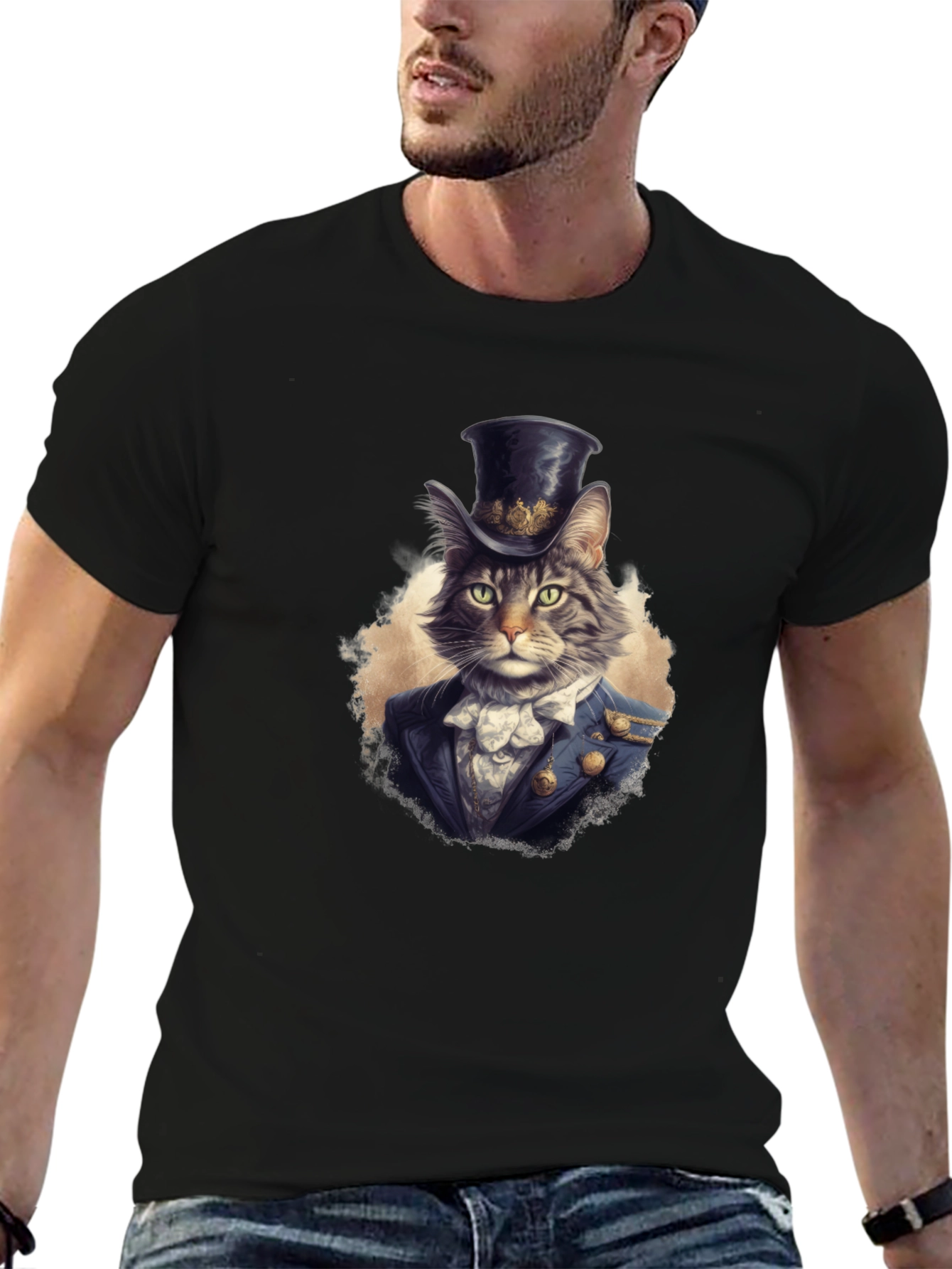 Black Dapper Cat Top Hat Graphic Tee view 6