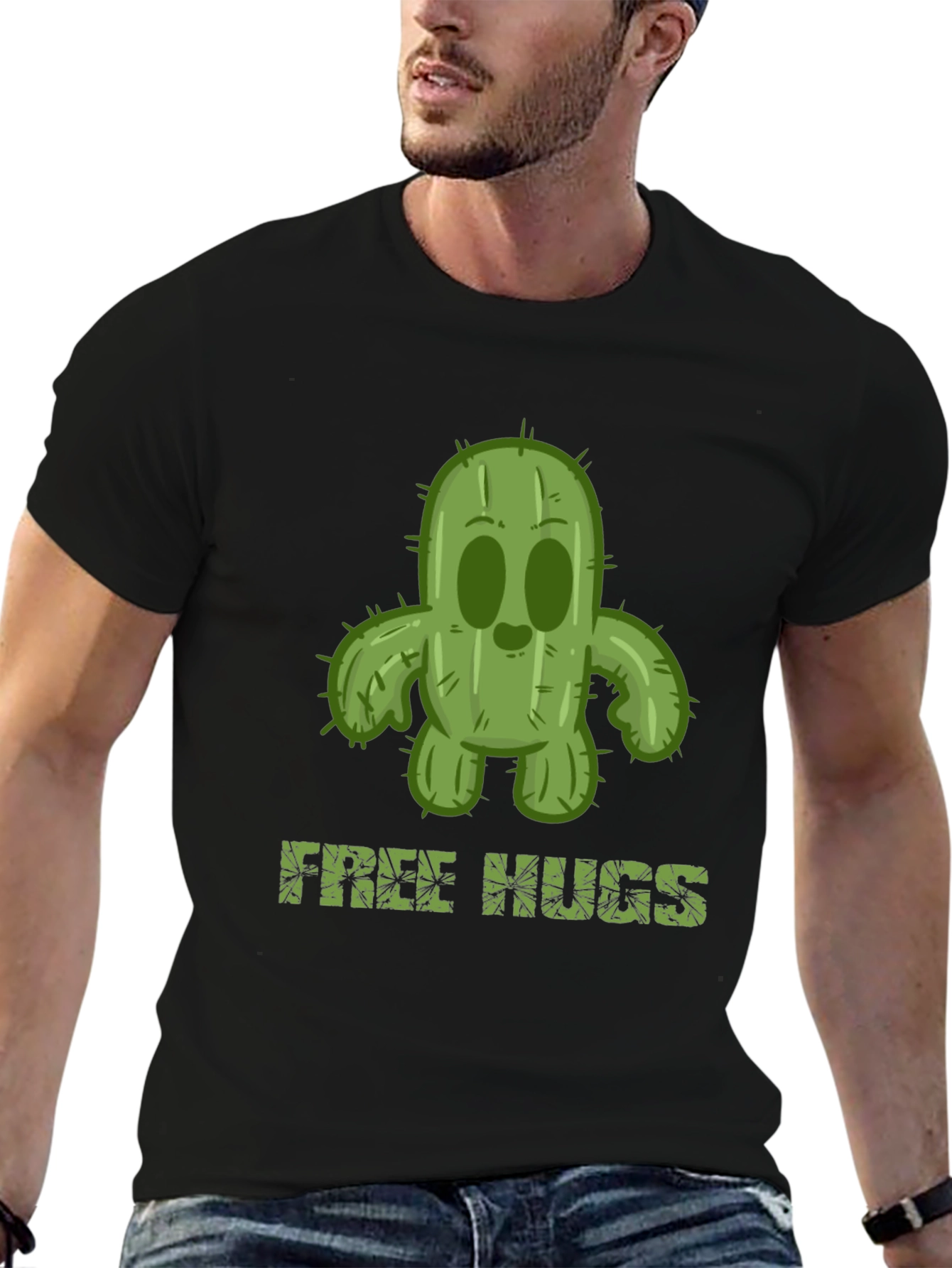 Black Free Hugs Cactus T-Shirt - Unisex Black Tee view 6