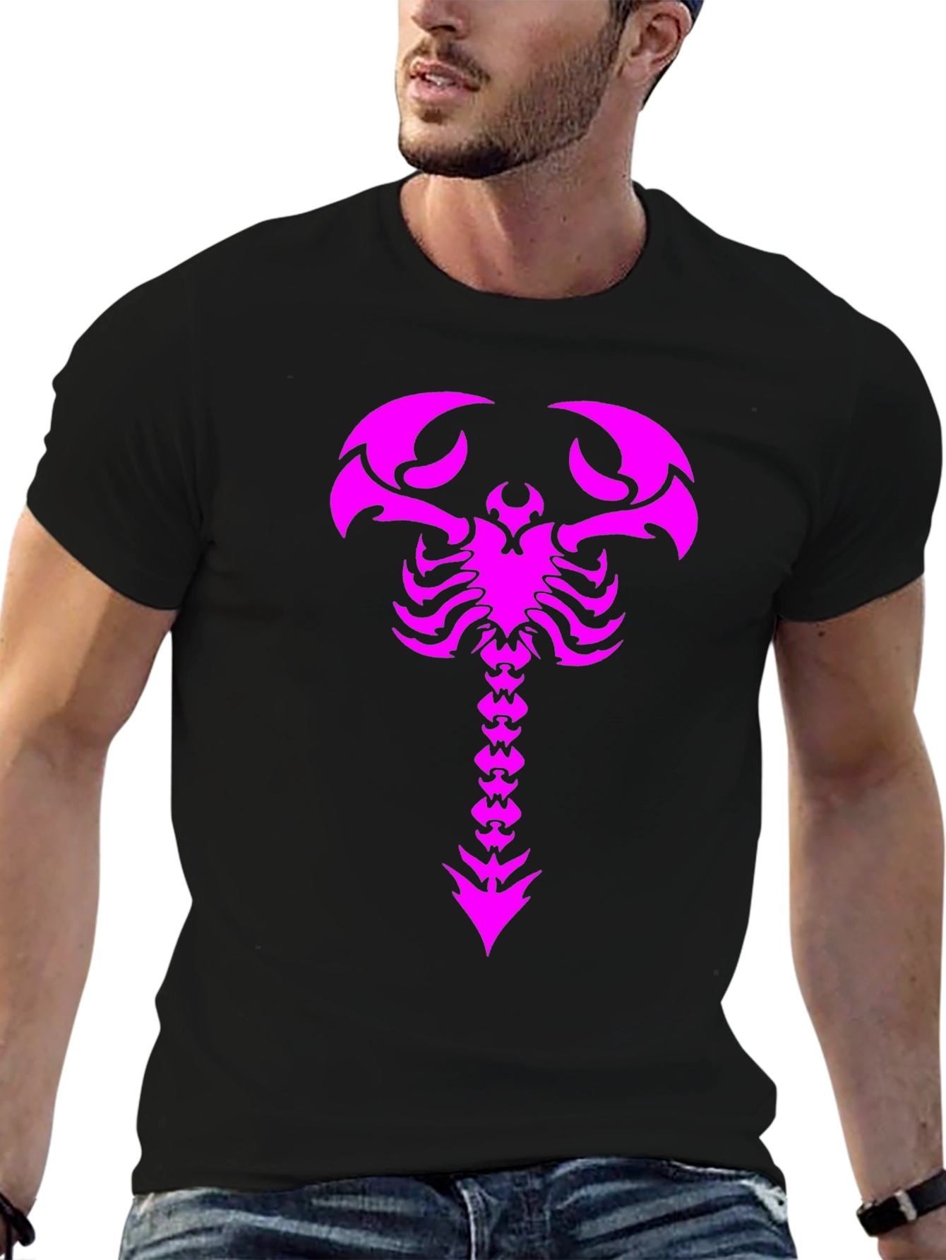Black Black T-Shirt with Magenta Scorpion Print view 6