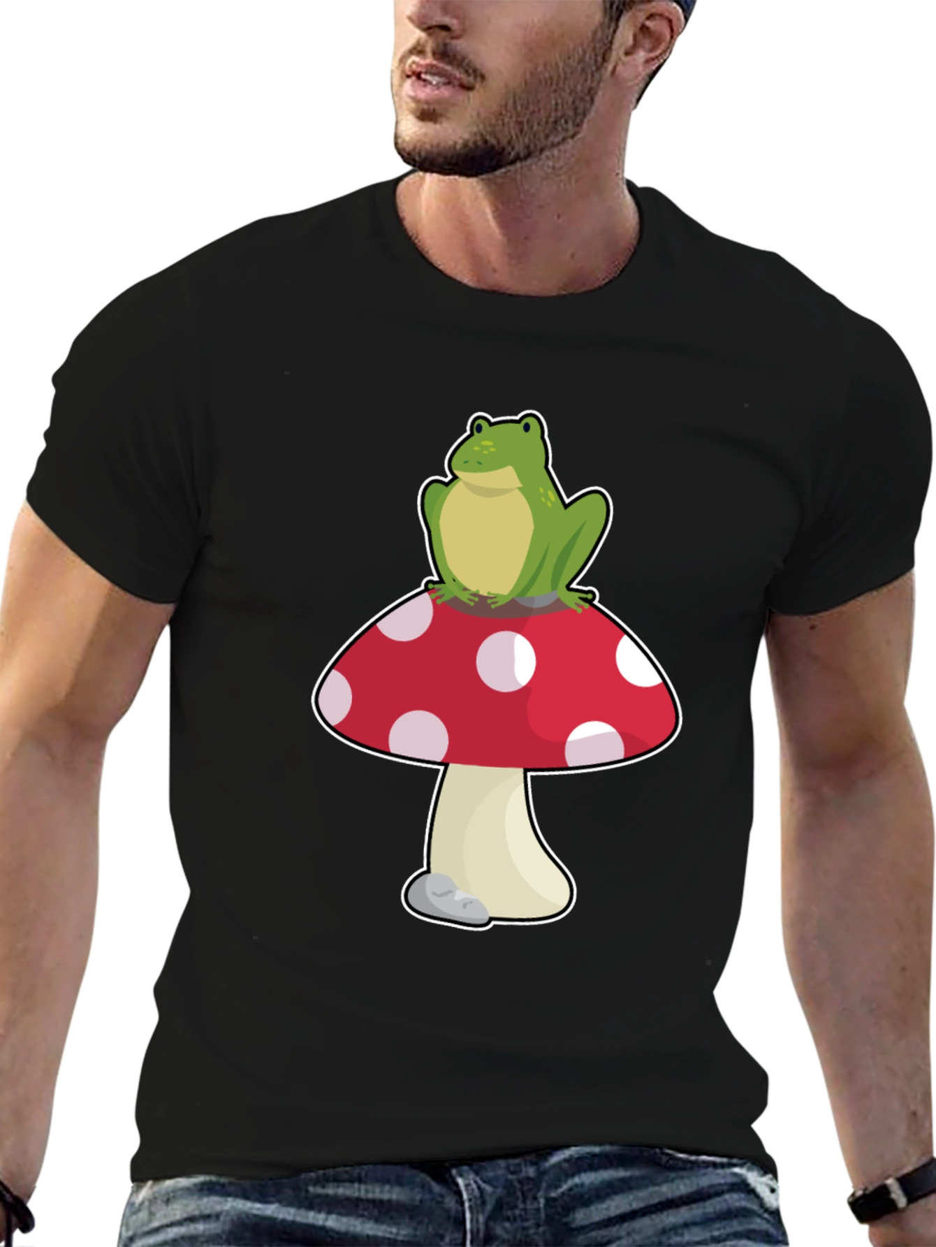 Black Frog on Mushroom T-Shirt - Black Cotton Tee view 6